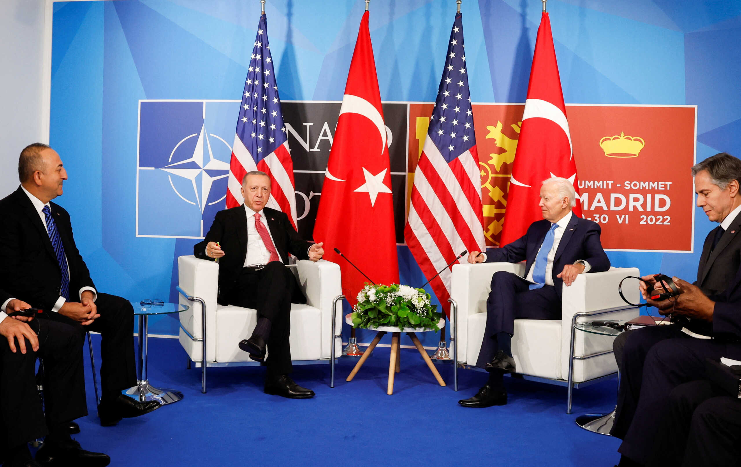 U.S. President Joe Biden, Turkish President Recep Tayyip Erdogan, U.S. Secretary of State Anthony Blinken and Turkish Foreign Minister Mevlut Cavusoglu attend a meeting during the NATO summit in Madrid, Spain June 29, 2022. REUTERS