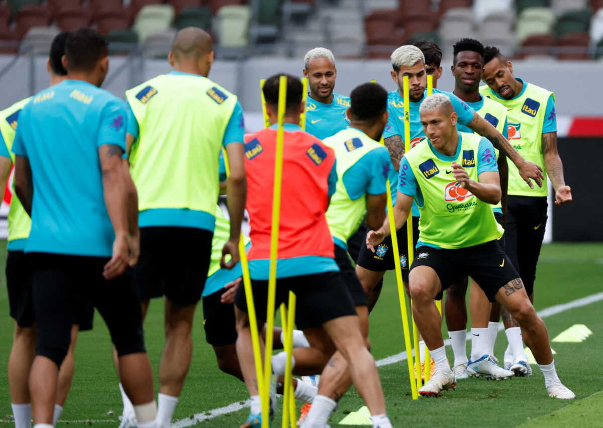 Soccer Football - International Friendly official training session - Japan v Brazil - National Stadium, Tokyo, Japan - June 5, 2022.  Brazil's Neymar, Vinicius Junior and other teammates attend an official training session a day before the match.  REUTERS