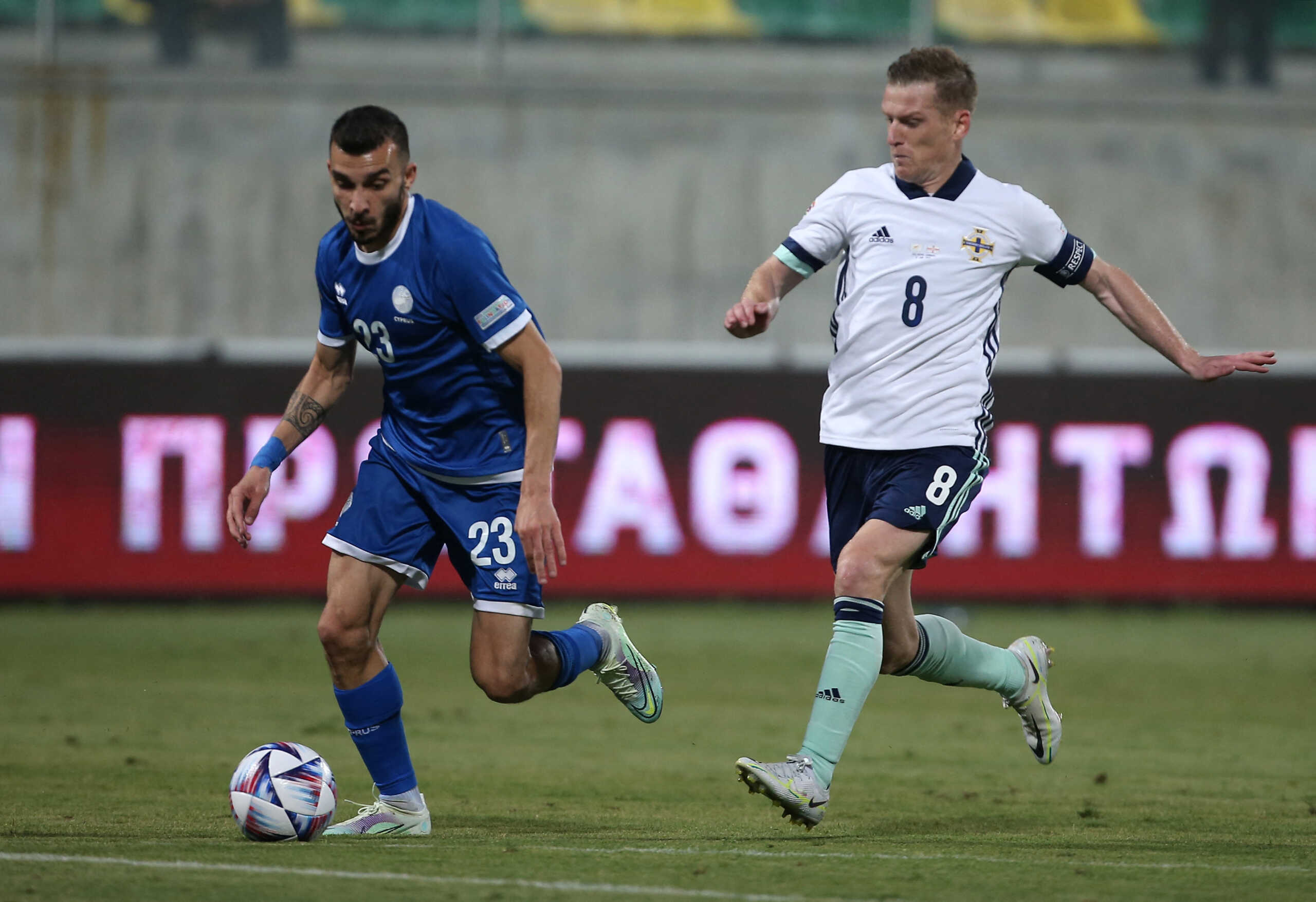 Soccer Football - UEFA Nations League - Group J - Cyprus v Northern Ireland - AEK Arena - George Karapatakis, Larnaca, Cyprus - June 5, 2022  Cyprus' Ioannis Pittas in action with Northern Ireland's Steven Davis REUTERS