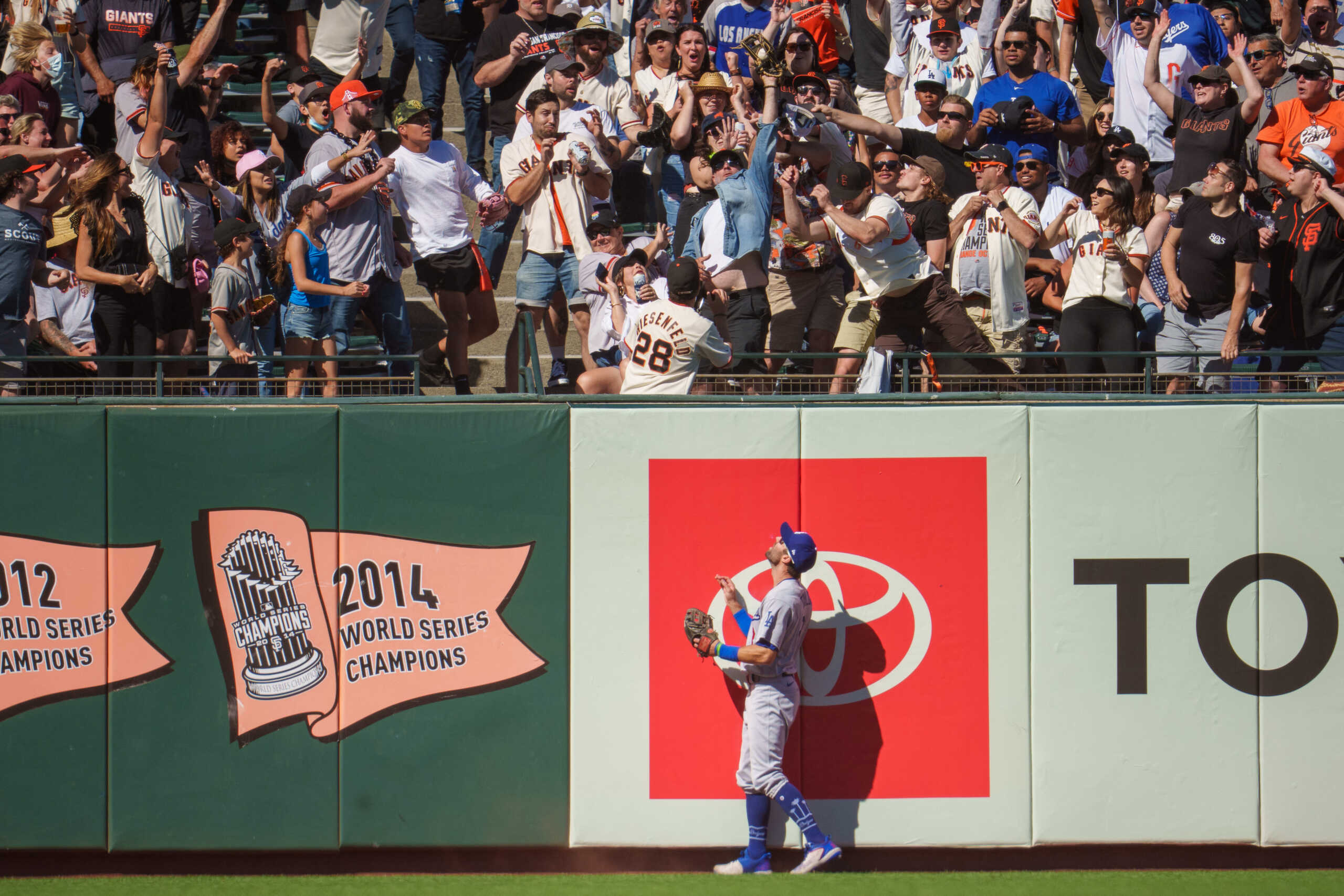 Jun 11, 2022; San Francisco, California, USA;  Los Angeles Dodgers left fielder Chris Taylor (3) watches a home run hit by San Francisco Giants second baseman Thairo Estrada (not pictured) during the second inning at Oracle Park. Mandatory Credit: Neville E. Guard-USA TODAY Sports