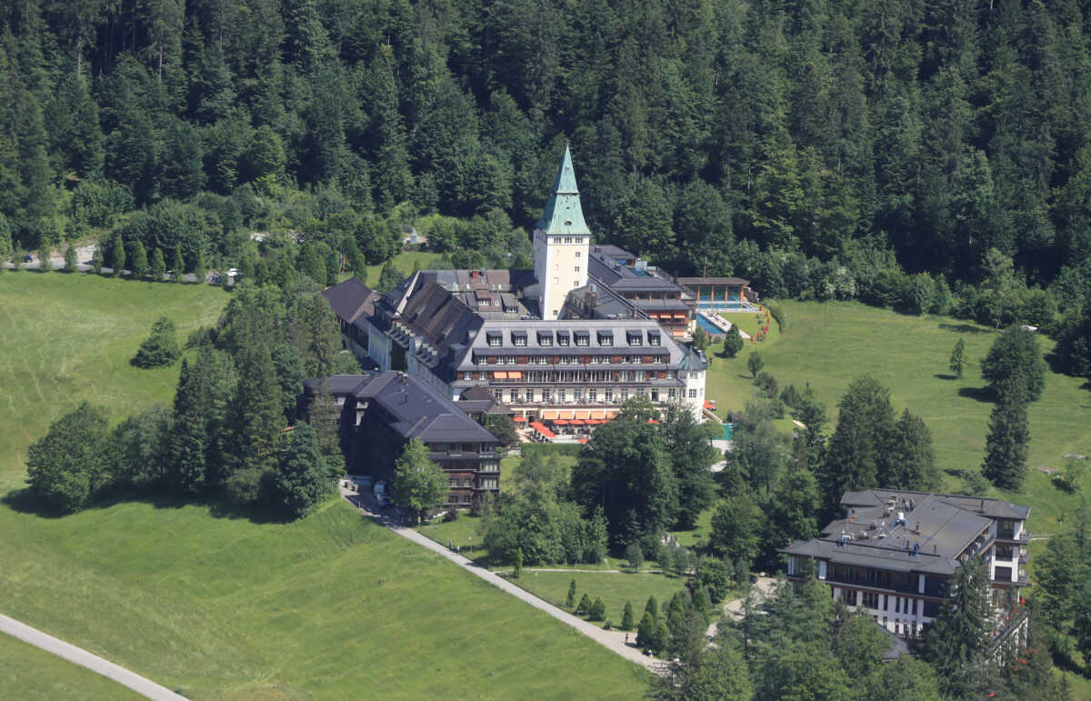 A general view taken from a helicopter during flight trainings of German federal police Bundespolizei shows hotel Castle Elmau, where German Chancellor will host the G7 leaders June, near the southern Bavarian resort of Garmisch-Partenkirchen, Germany, June 23, 2022.  REUTERS