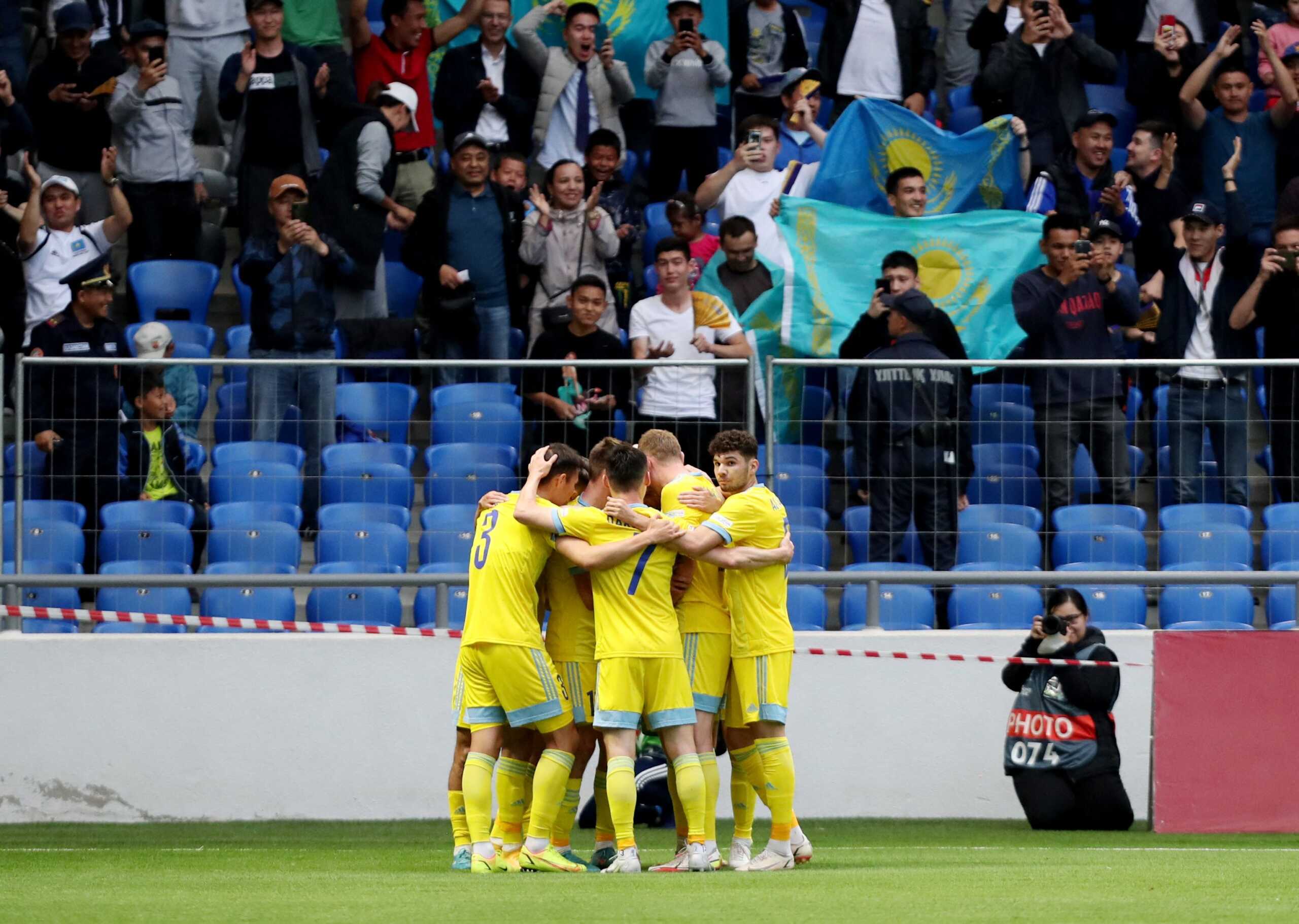 Soccer Football - UEFA Nations League - Group K - Kazakhstan v Slovakia - Astana Arena, Nur-Sultan, Kazakhstan - June 13, 2022 Kazakhstan's Yan Vorogovskiy celebrates scoring their first goal with teammates REUTERS