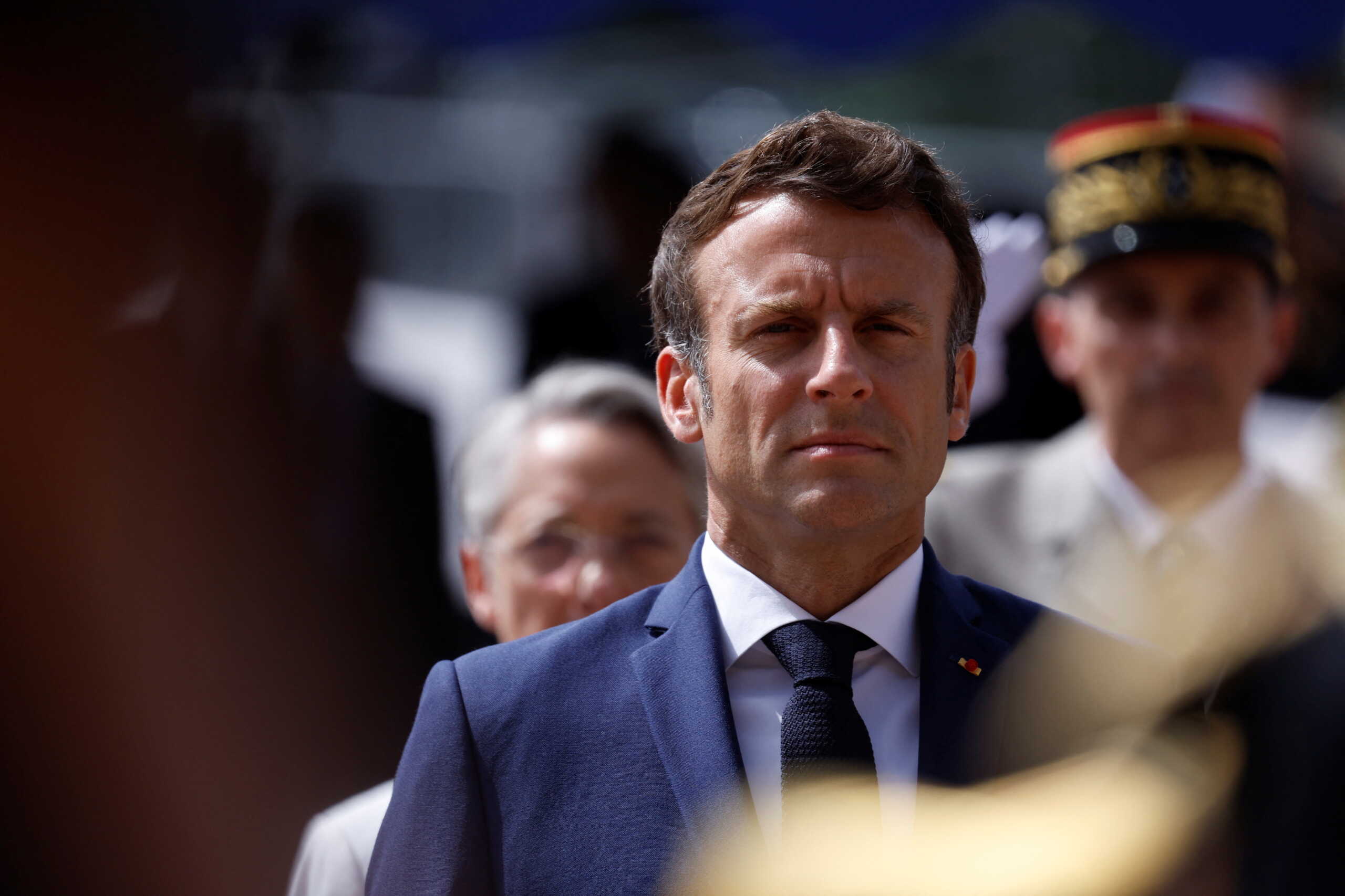 French President Emmanuel Macron attends a ceremony marking the 82nd anniversary of late French General Charles de Gaulle's resistance call of June 18, 1940, at the Mont Valerien memorial in Suresnes near Paris, France, June 18, 2022. REUTERS