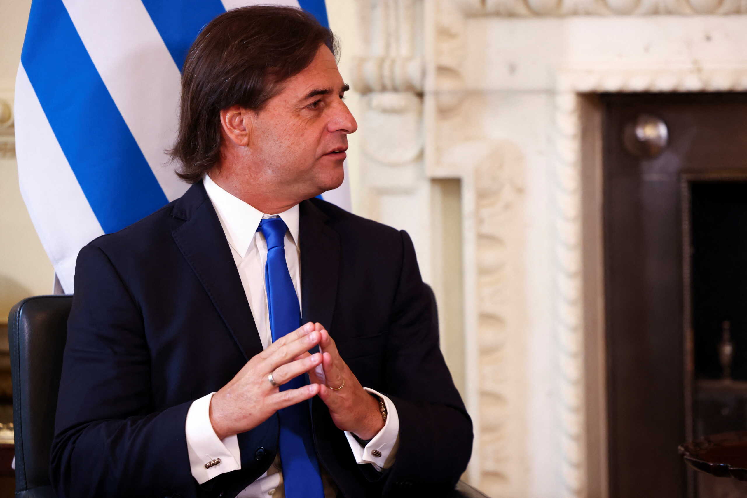 Uruguay's President Luis Lacalle Pou speaks during a meeting with British Prime Minister Boris Johnson at Downing Street in London, Britain May 23, 2022. REUTERS