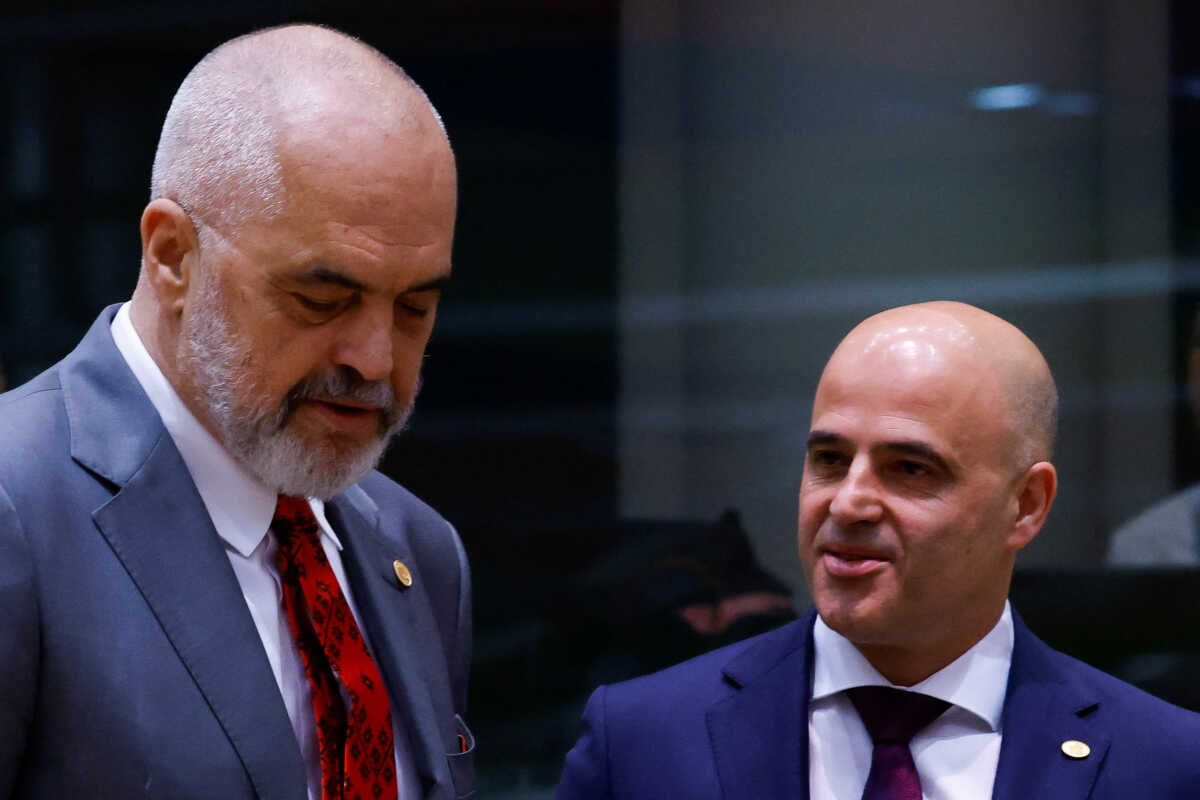 Albania's Prime Minister Edi Rama and North Macedonia's Prime Minister Dimitar Kovacevski speak during Western Balkans countries and EU leaders meeting, in Brussels, Belgium June 23, 2022. REUTERS