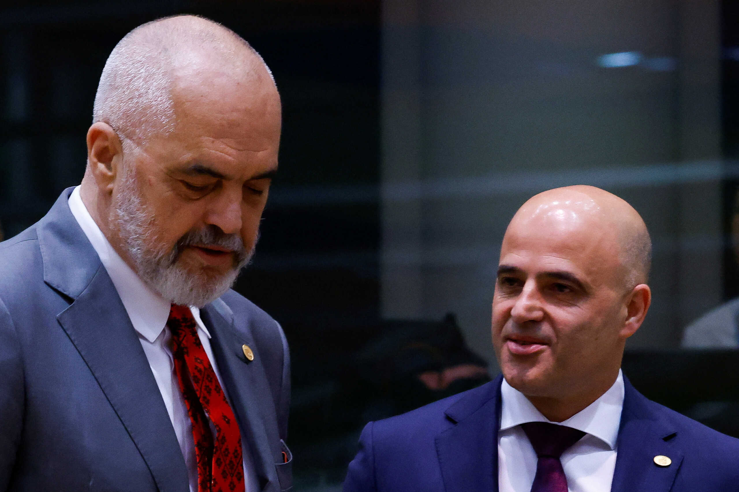 Albania's Prime Minister Edi Rama and North Macedonia's Prime Minister Dimitar Kovacevski speak during Western Balkans countries and EU leaders meeting, in Brussels, Belgium June 23, 2022. REUTERS