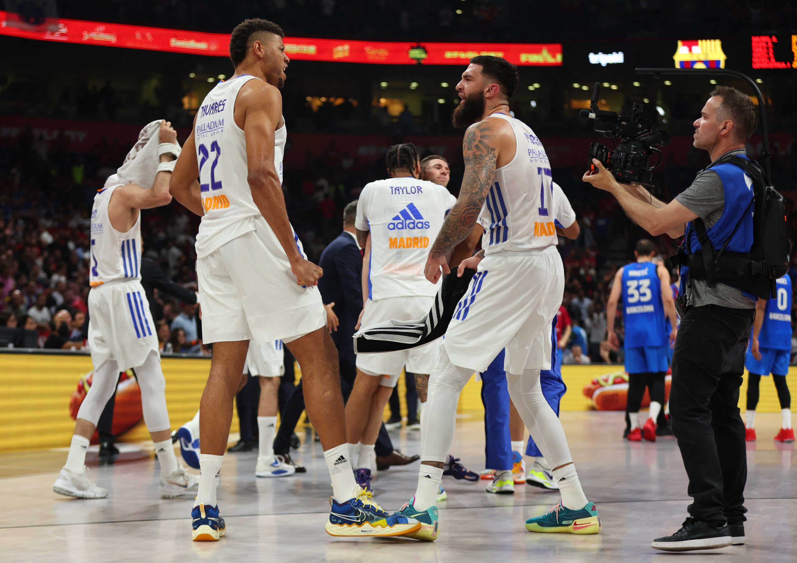 Basketball - Euroleague Semi final - FC. Barcelona v Real Madrid - Stark Arena, Belgrade, Serbia - May 19, 2022 Real Madrid's Walter Tavares and Vincent Poirier celebrate after the match REUTERS