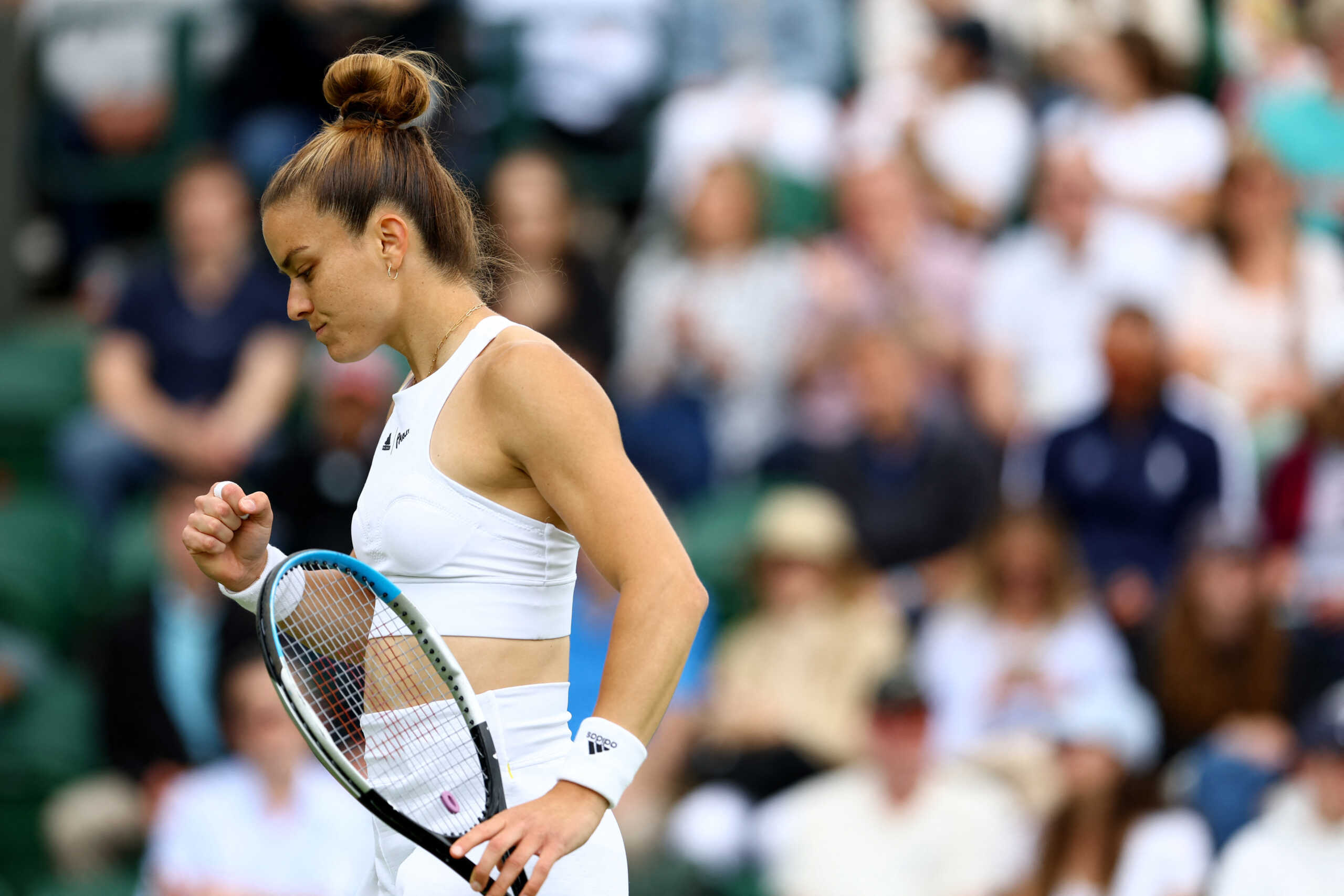 Tennis - Wimbledon - All England Lawn Tennis and Croquet Club, London, Britain - June 28, 2022 Greece's Maria Sakkari reacts during her first round match against Australia's Zoe Hives REUTERS