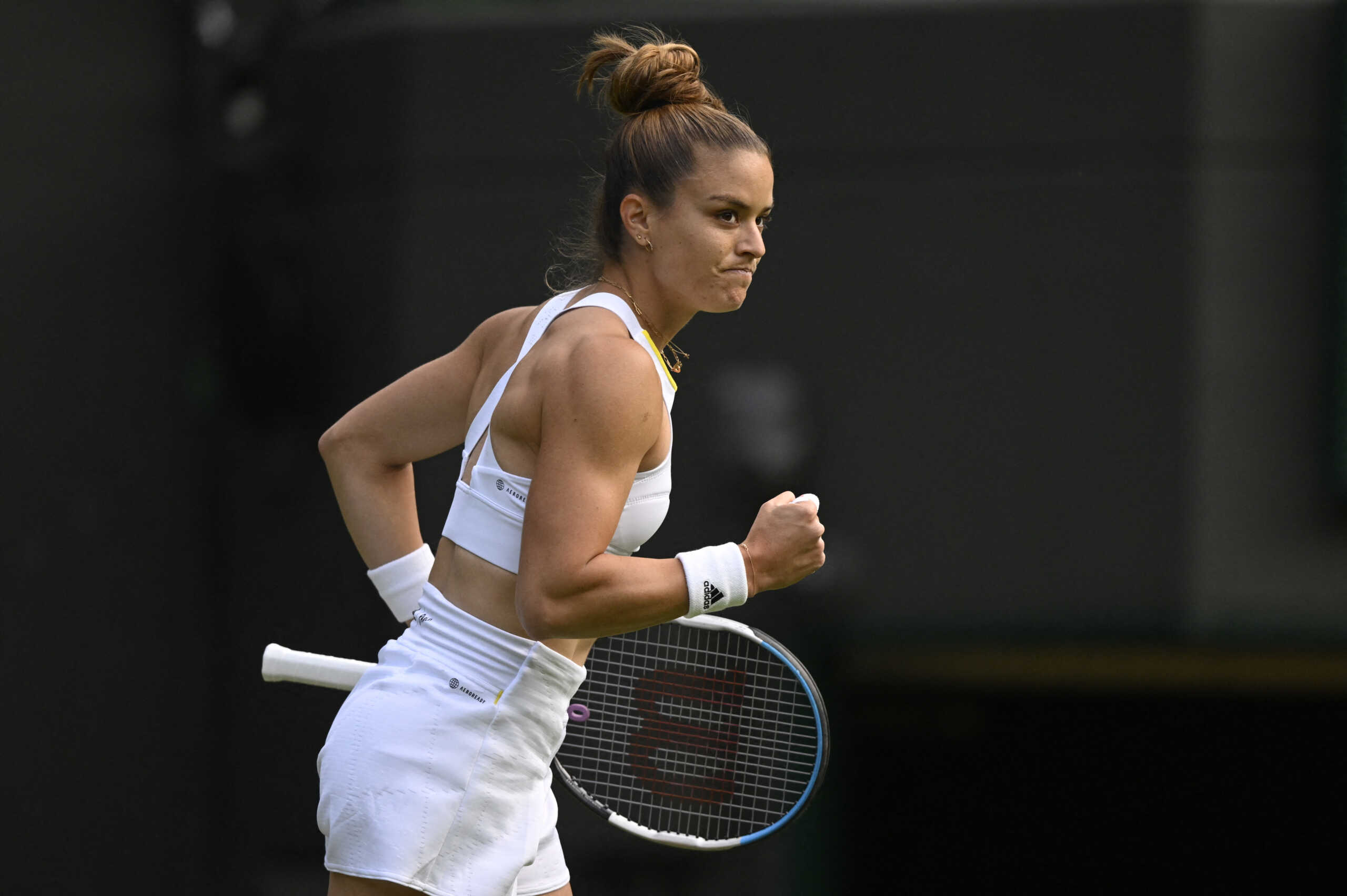 Tennis - Wimbledon - All England Lawn Tennis and Croquet Club, London, Britain - June 29, 2022 Greece's Maria Sakkari reacts during her second round match against Bulgaria's Viktoriya Tomova REUTERS