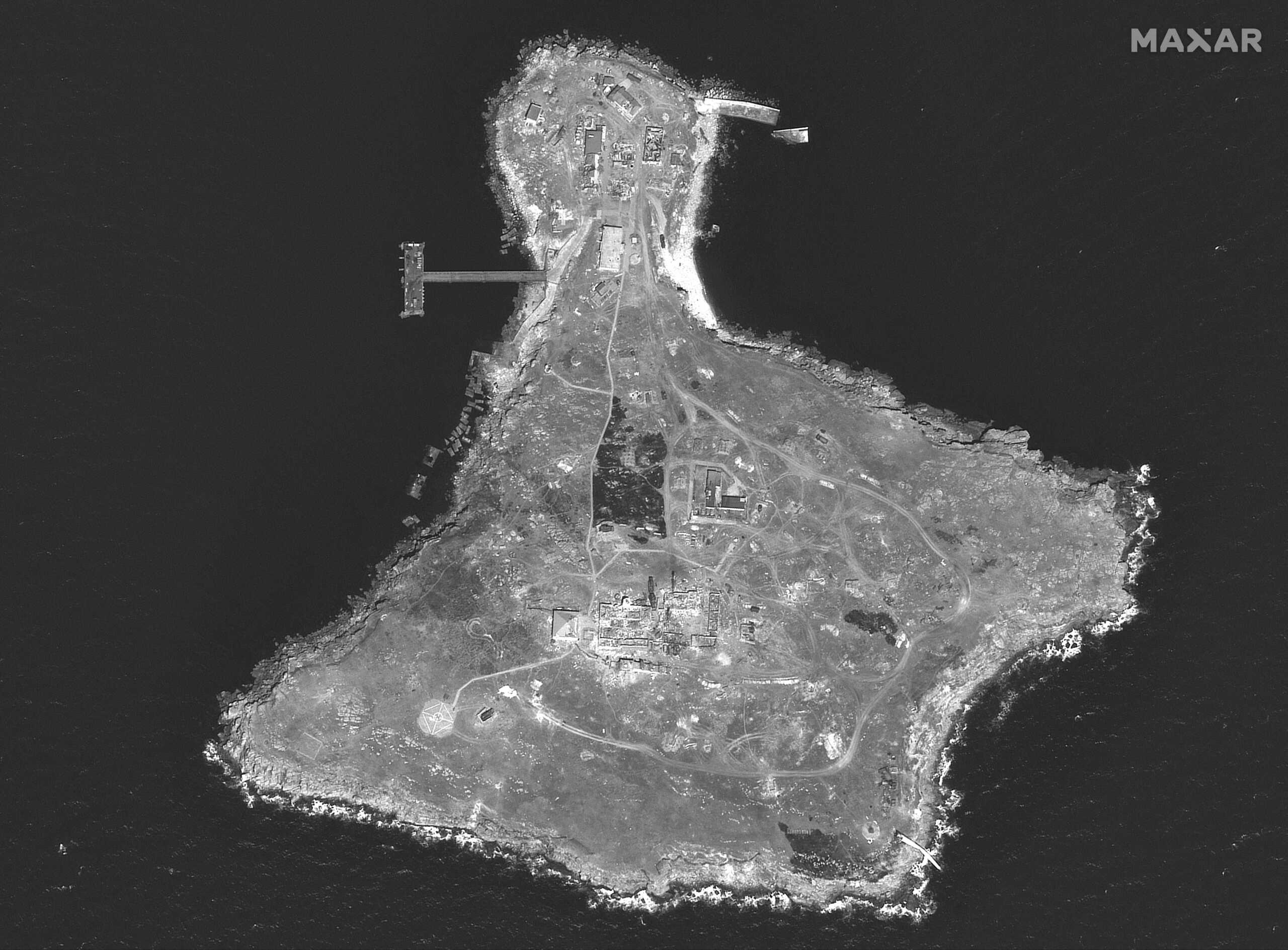 A satellite image shows an overview of Snake Island, Ukraine, June 21, 2022. Maxar Technologies