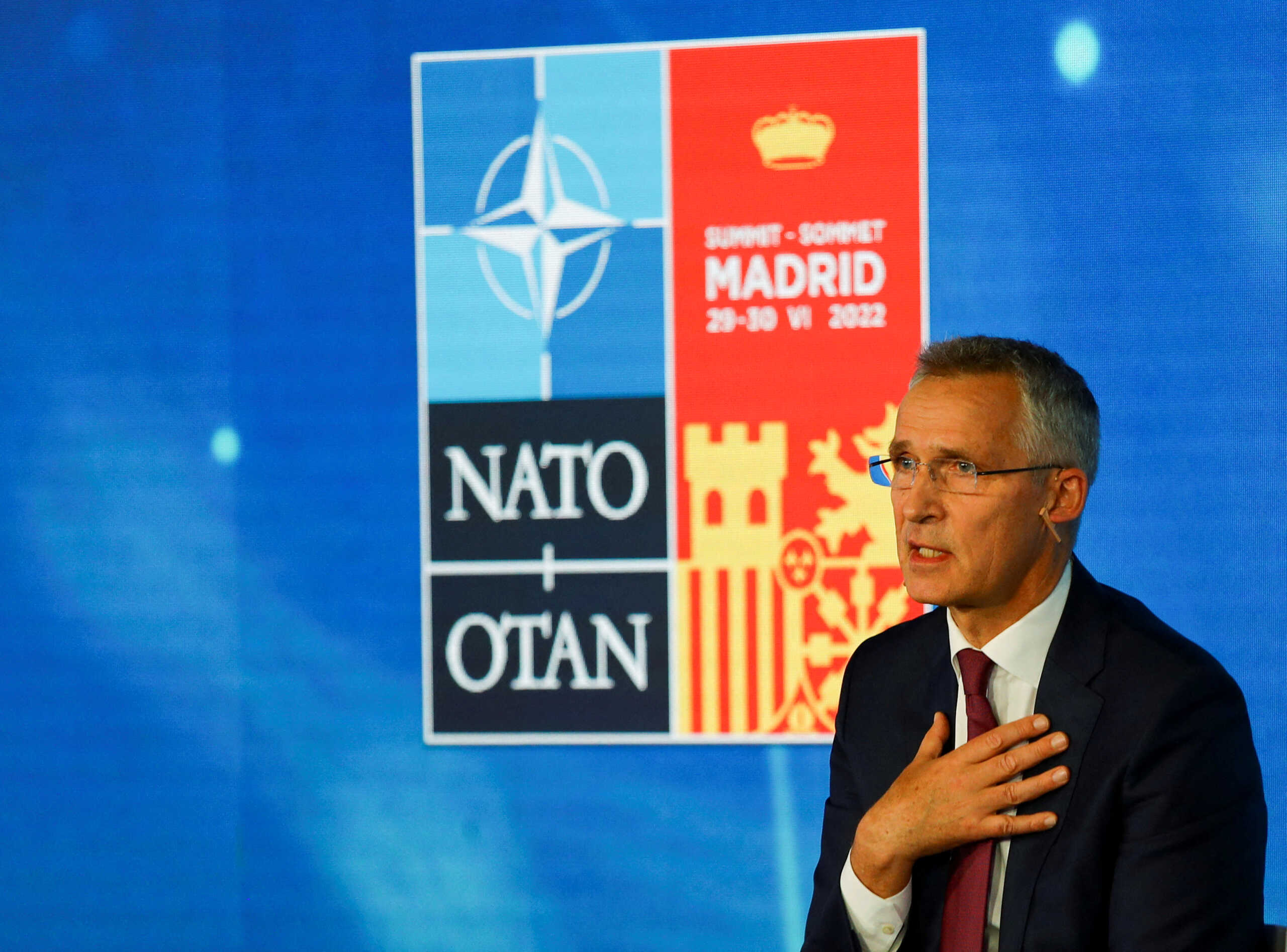NATO Secretary General Jens Stoltenberg speaks on the day of the NATO summit, in Madrid, Spain, June 28, 2022. REUTERS