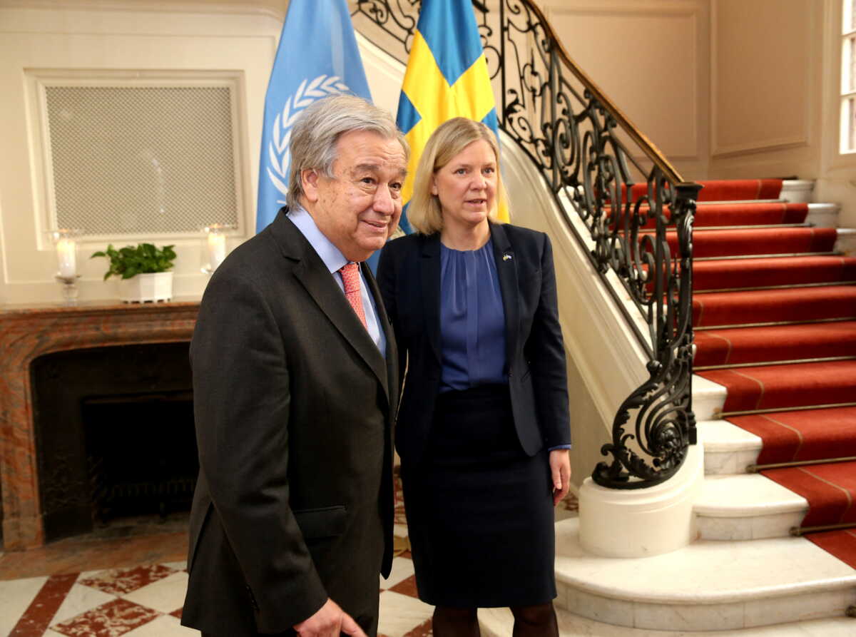 Sweden's Prime Minister Magdalena Andersson receives UN Secretary-General Antonio Guterres in Stockholm, Sweden, June 1, 2022. TT News Agency