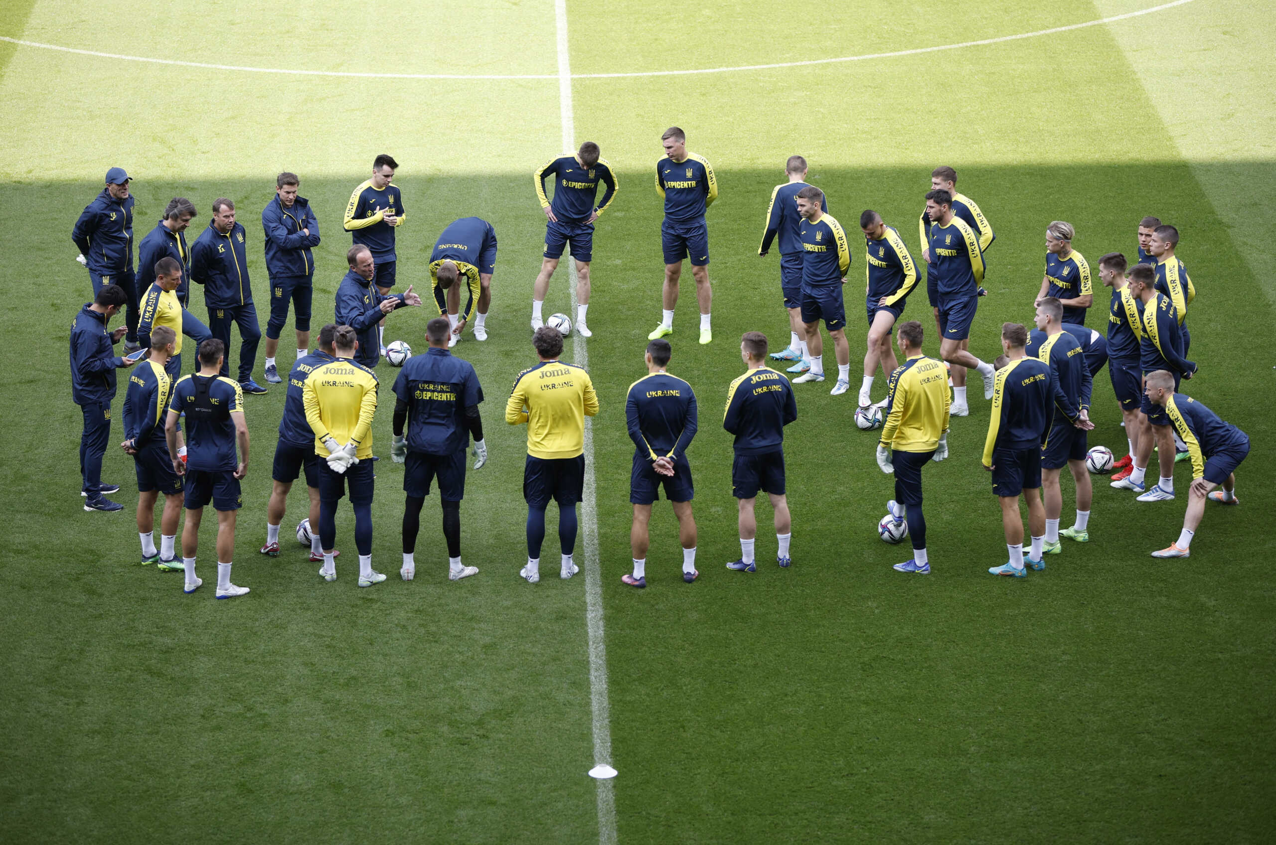 Soccer Football - World Cup - UEFA Qualifiers - Ukraine Training and Press Conference - Cardiff City Stadium, Cardiff, Wales, Britain - June 4, 2022 General view of Ukraine team members during training Action Images via Reuters