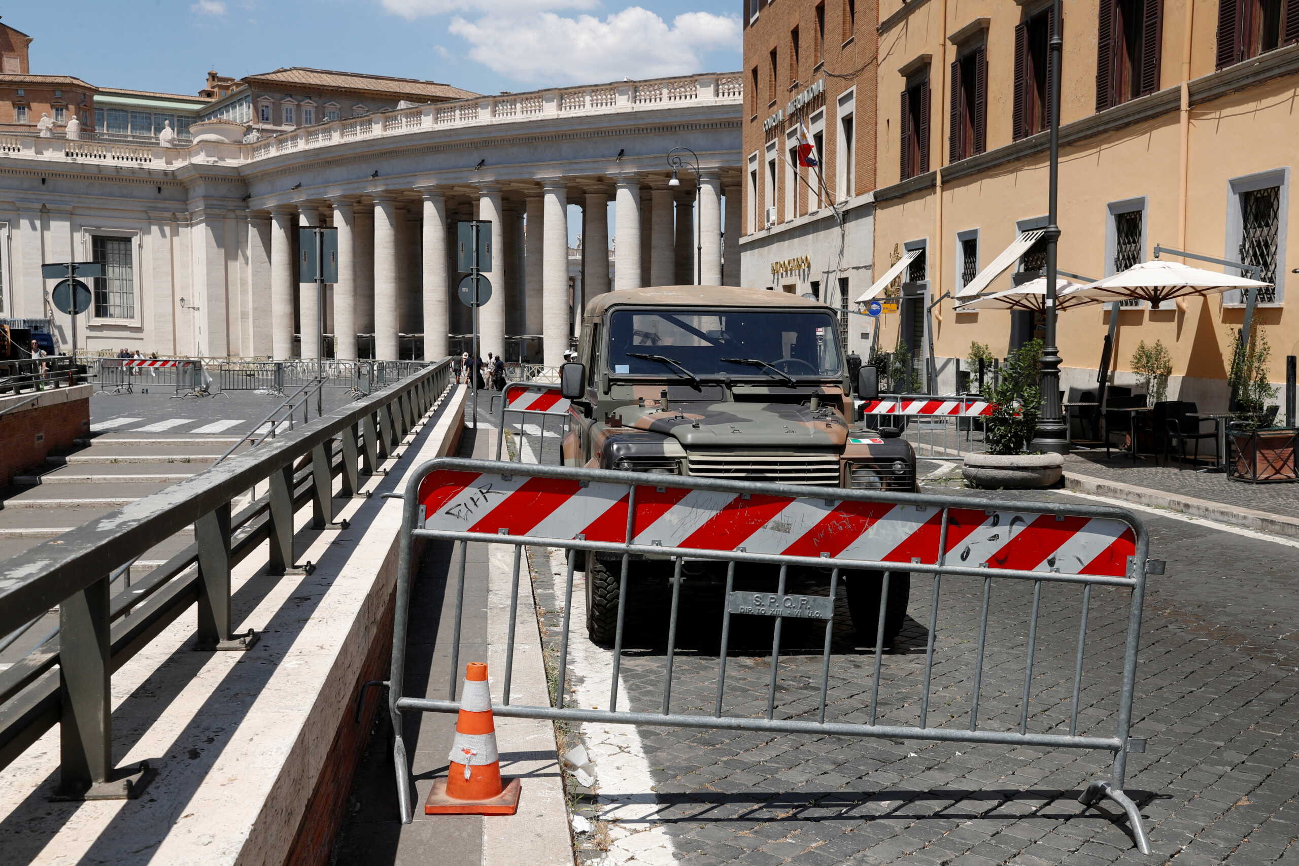 A view of the scene near Vatican City where a car did not stop at the halt and broke through Vatican barriers in Rome, Italy, June 19, 2022. REUTERS