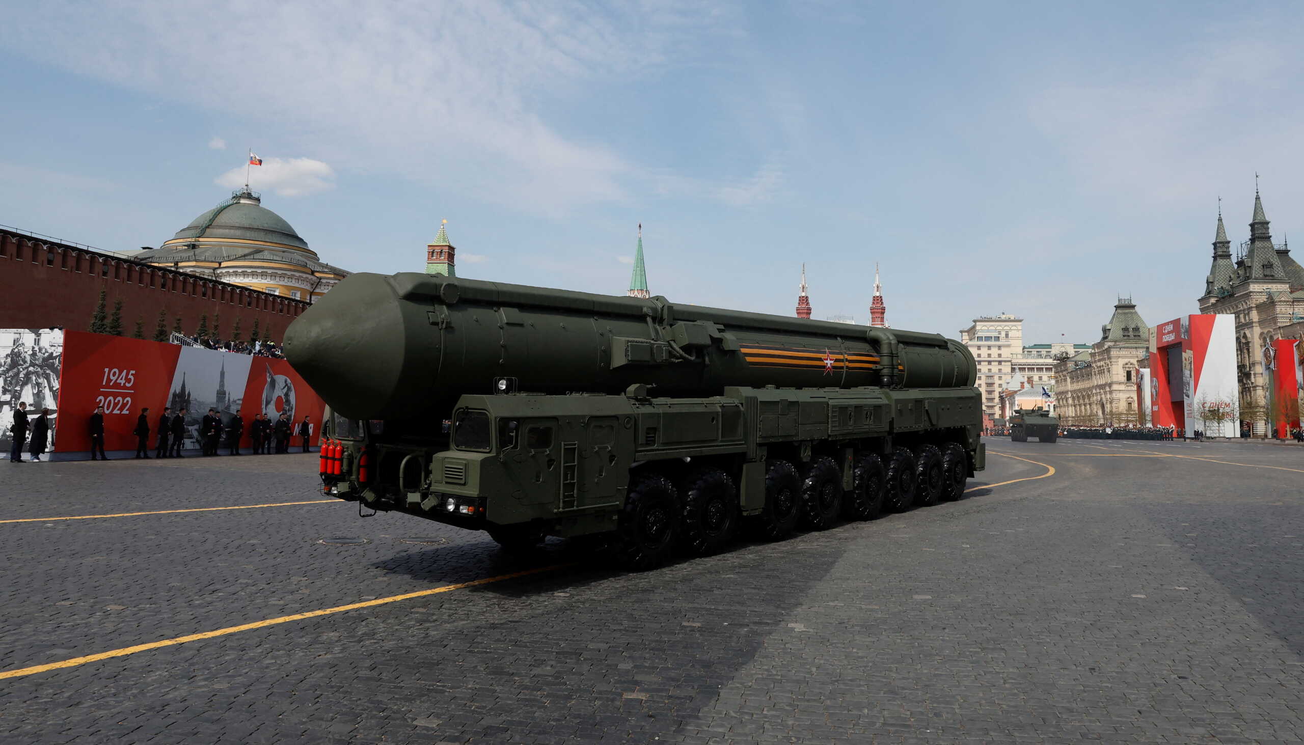 A Russian Yars intercontinental ballistic missile system drives in Red Square during a rehearsal for a military parade marking the anniversary of the victory over Nazi Germany in World War Two in central Moscow, Russia May 7, 2022. REUTERS