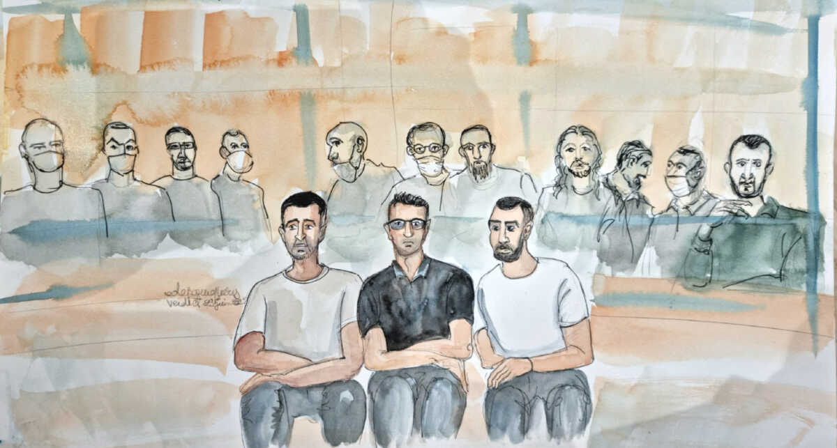 FILE PHOTO: An artist's sketch shows Salah Abdeslam (R), one of the accused, who is widely-believed to be the only surviving member of the group suspected of carrying out the attacks, and the other accused during the verdict in the trial of the Paris' November 2015 attacks at the Paris courthouse on the Ile de la Cite in Paris, France, June 29, 2022. Elisabeth de Pourquery