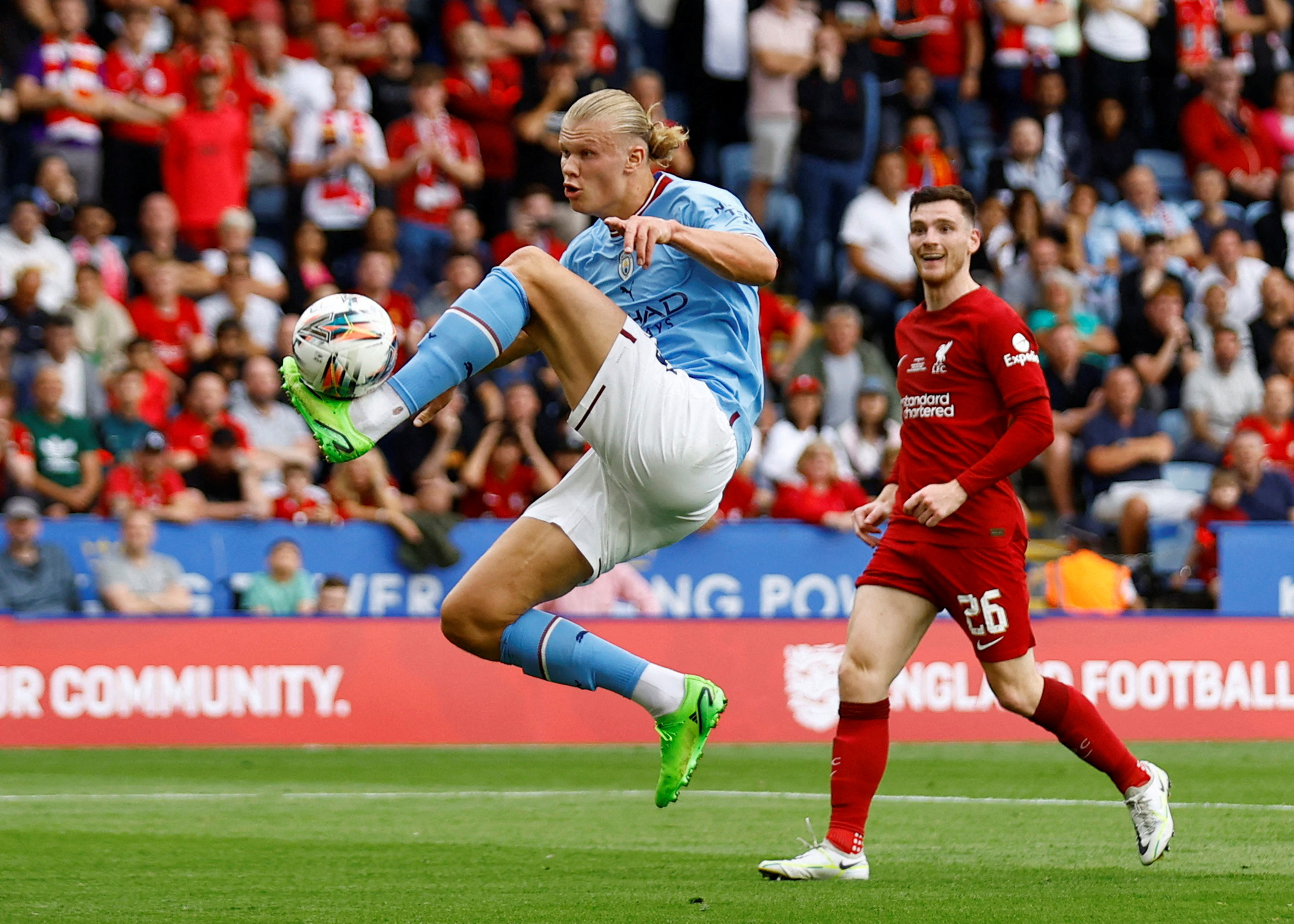 Soccer Football - Community Shield - Liverpool v Manchester City - King Power Stadium, Leicester, Britain - July 30, 2022 Manchester City's Erling Braut Haaland shoots at goal Action Images via Reuters