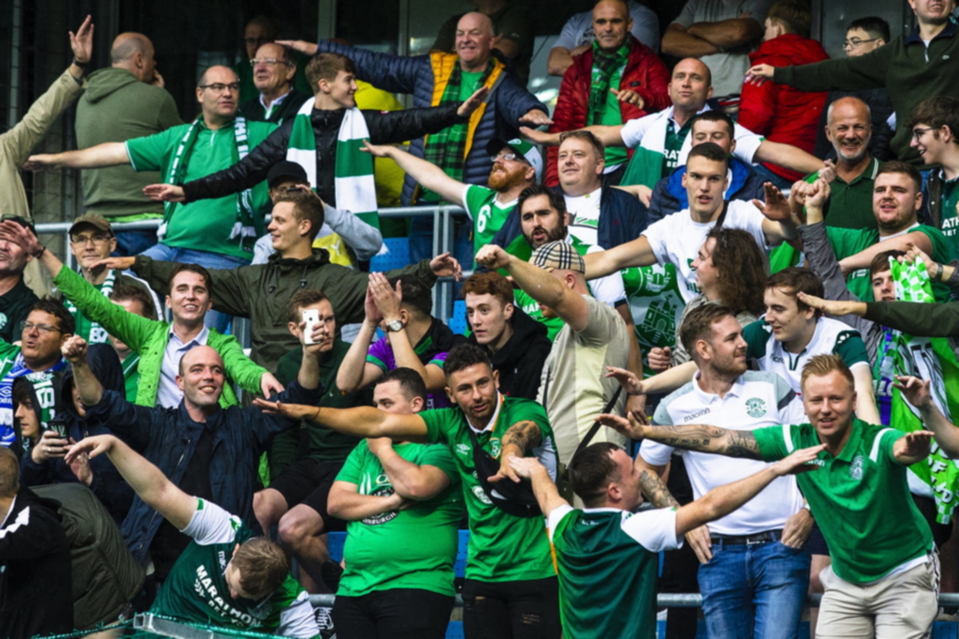 epa06953510 Supporters of Hibernian during the UEFA Europa League qualification match between Molde FK and Hibernian Edinburgh at Aker stadium in Molde, Norway, 16 August 2018.  EPA