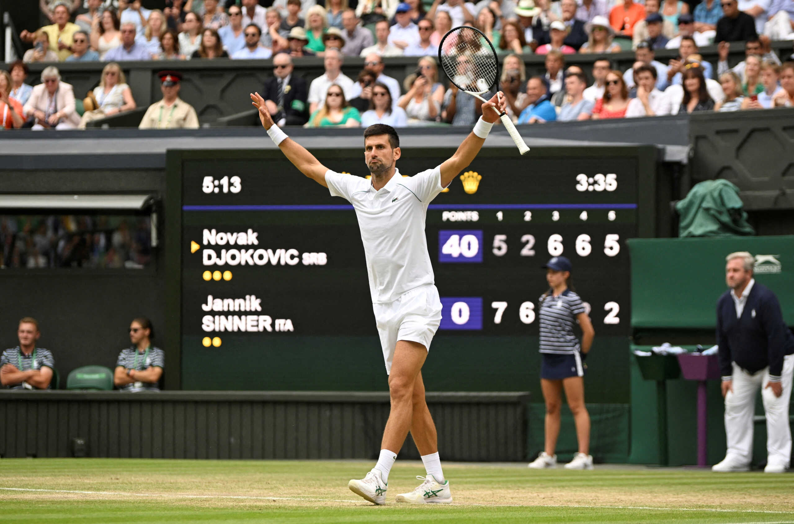 Tennis - Wimbledon - All England Lawn Tennis and Croquet Club, London, Britain - July 5, 2022   Serbia's Novak Djokovic celebrates winning his quarter final match against Italy's Jannik Sinner REUTERS