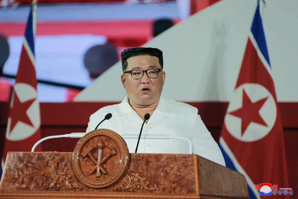 North Korea's leader Kim Jong Un speaks during a ceremony to mark the 69th anniversary of the Korean War armistice, in Pyongyang, North Korea, in this photo released July 27, 2022 by North Korea's Korean Central News Agency (KCNA).  KCNA via REUTERS    ATTENTION EDITORS - THIS IMAGE WAS PROVIDED BY A THIRD PARTY. REUTERS IS UNABLE TO INDEPENDENTLY VERIFY THIS IMAGE. NO THIRD PARTY SALES. SOUTH KOREA OUT. NO COMMERCIAL OR EDITORIAL SALES IN SOUTH KOREA.