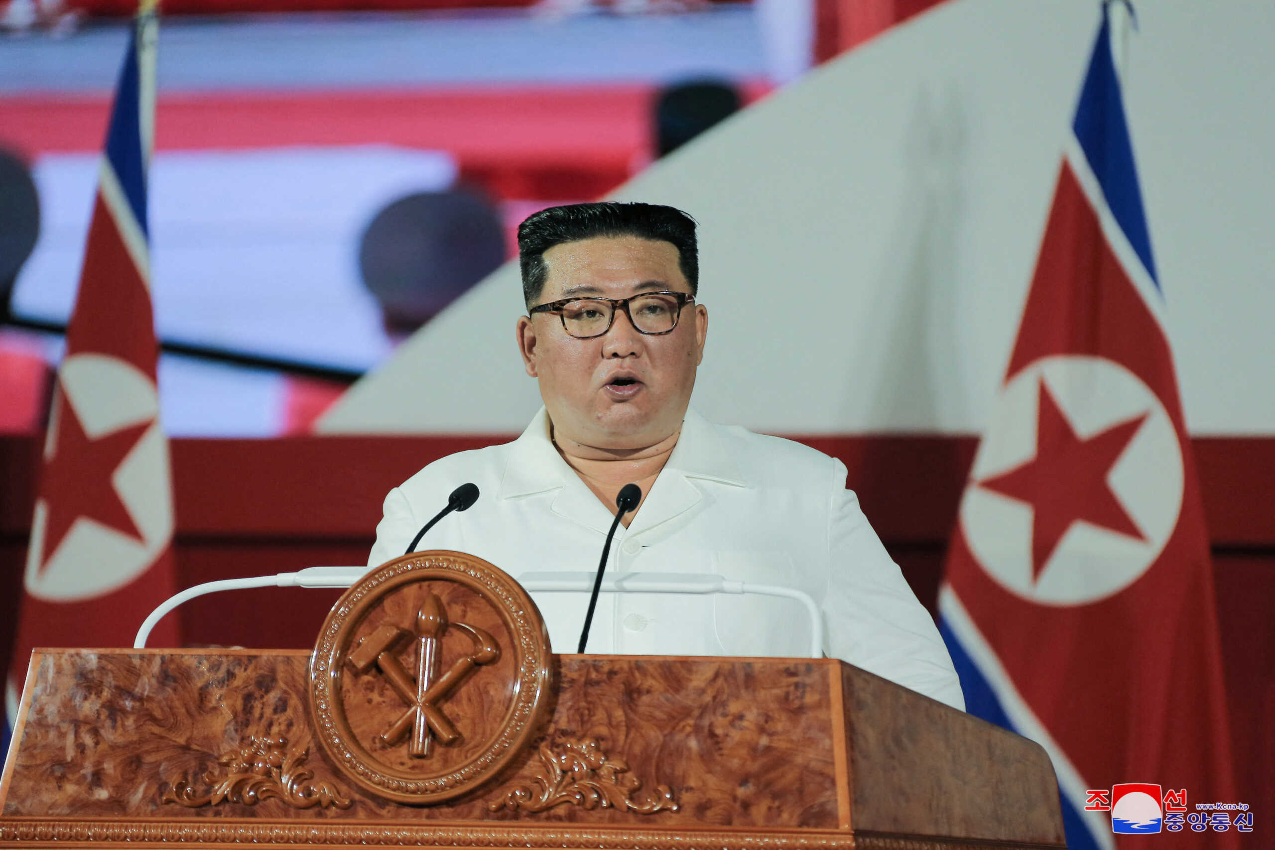 North Korea's leader Kim Jong Un speaks during a ceremony to mark the 69th anniversary of the Korean War armistice, in Pyongyang, North Korea, in this photo released July 27, 2022 by North Korea's Korean Central News Agency (KCNA).  KCNA via REUTERS    ATTENTION EDITORS - THIS IMAGE WAS PROVIDED BY A THIRD PARTY. REUTERS IS UNABLE TO INDEPENDENTLY VERIFY THIS IMAGE. NO THIRD PARTY SALES. SOUTH KOREA OUT. NO COMMERCIAL OR EDITORIAL SALES IN SOUTH KOREA.