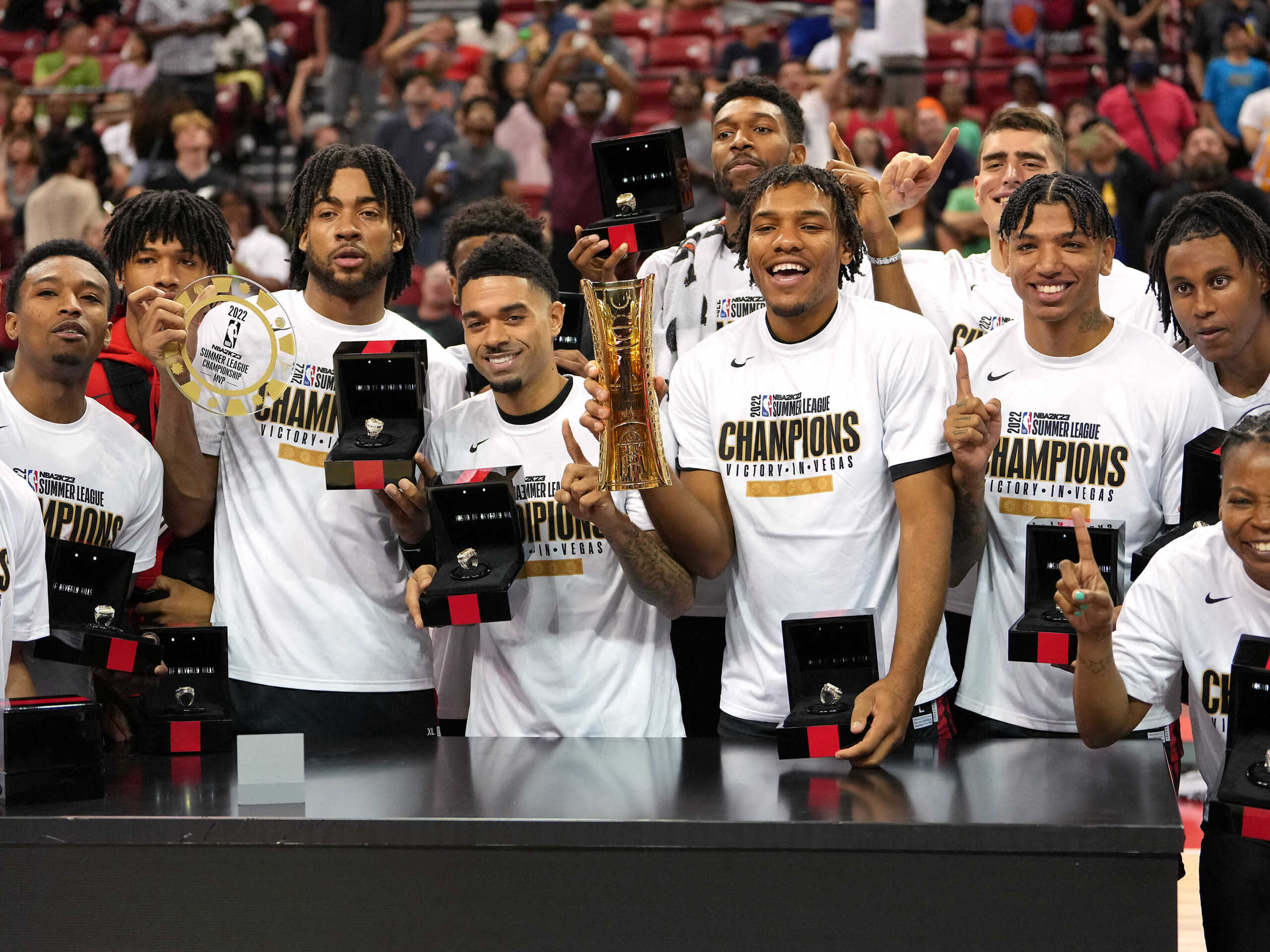 Jul 17, 2022; Las Vegas, NV, USA; The Portland Trail Blazers pose for photos after winning the NBA Summer League Championship game by defeating the New York Knicks 85-77 at Thomas & Mack Center. Center. Mandatory Credit: Stephen R. Sylvanie-USA TODAY Sports