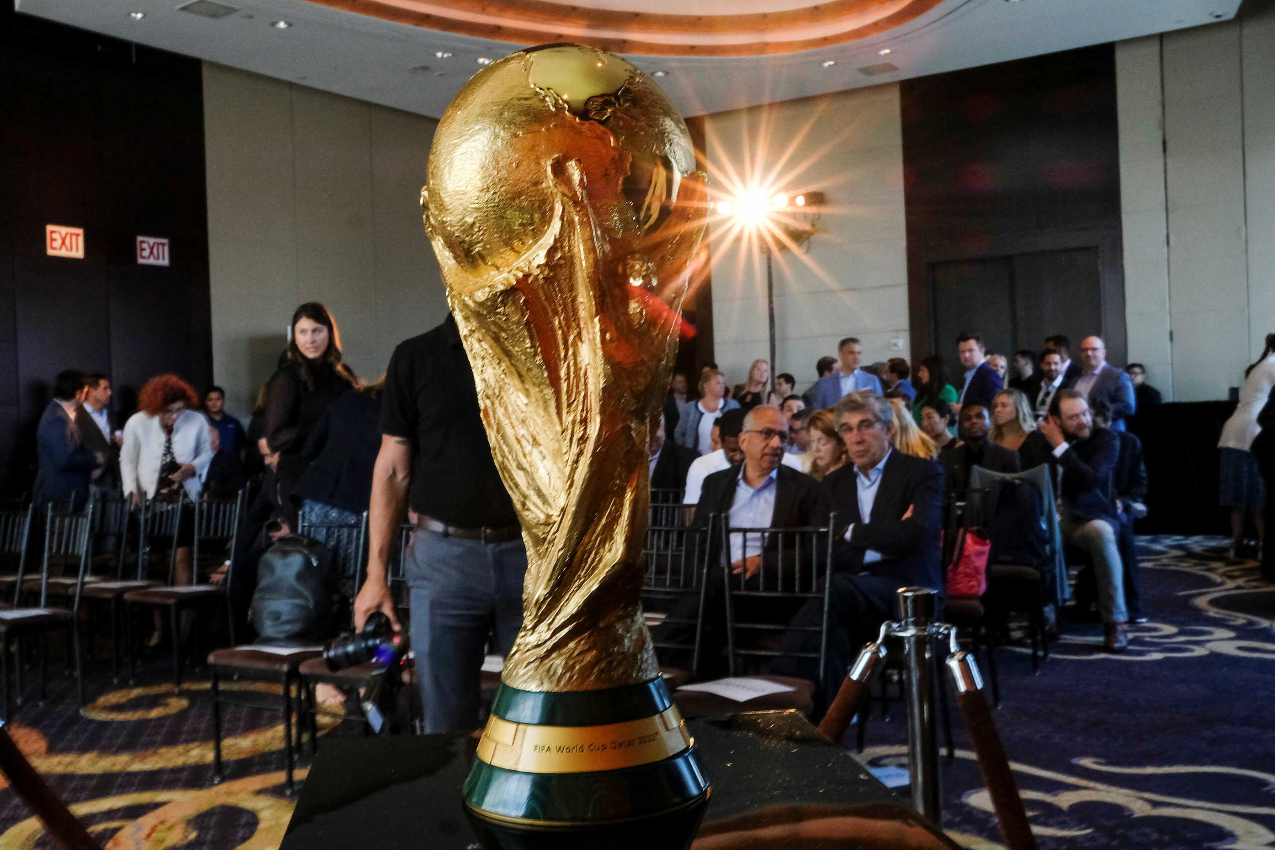 The Official FIFA World Cup Trophy is seen before a news conference in New York City, New York, U.S., June 17, 2022.  REUTERS