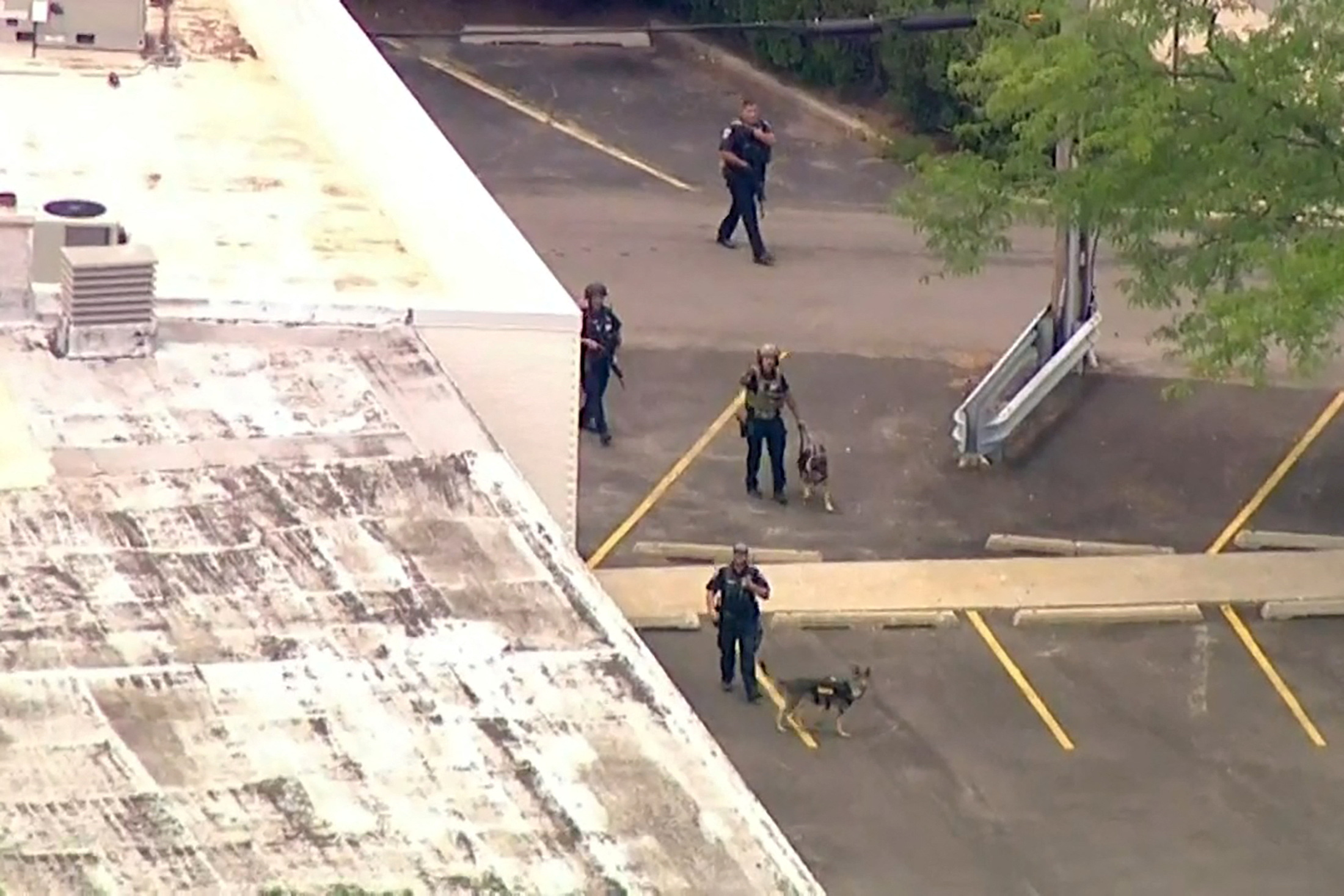 Police search an area after gunfire erupted at a Fourth of July parade route in the wealthy Chicago suburb of Highland Park, Illinois, U.S. July 4, 2022 in a still image from video. ABC affiliate WLS