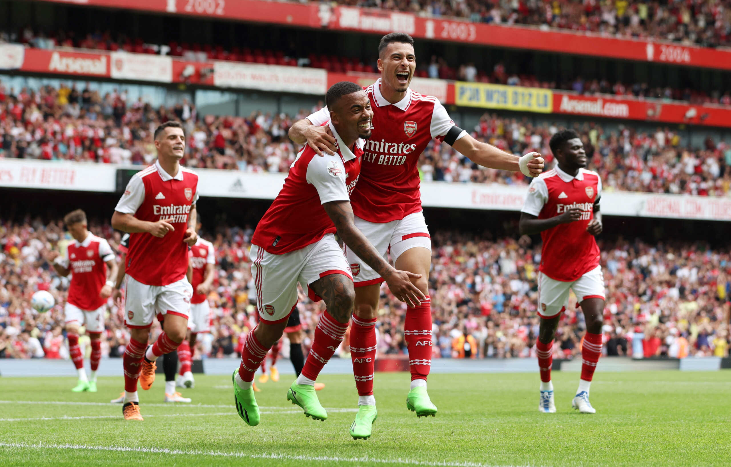 Soccer Football - Pre Season Friendly - Arsenal v Sevilla - Emirates Stadium, London, Britain - July 30, 2022 Arsenal's Gabriel Jesus celebrates scoring their fifth goal with Gabriel Martinelli to complete his hat-trick Action Images via Reuters