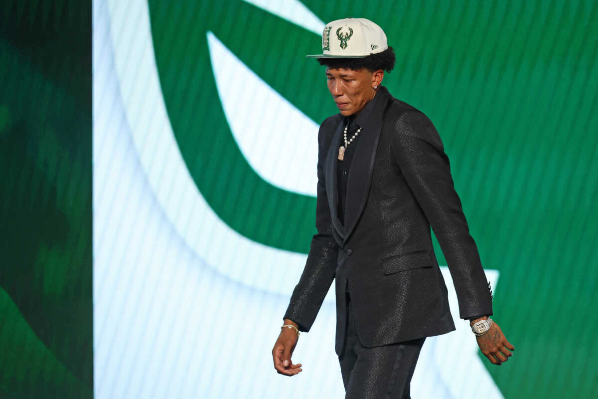 Jun 23, 2022; Brooklyn, NY, USA; MarJon Beauchamp (G League Ignite) reacts after being selected as the number twenty-four overall pick by the Milwaukee Bucks in the first round of the 2022 NBA Draft at Barclays Center. Mandatory Credit: Brad Penner-USA TODAY Sports