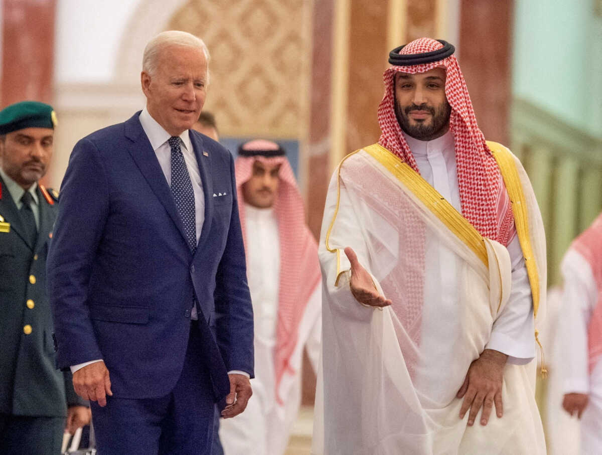 Saudi Crown Prince Mohammed bin Salman receives U.S. President Joe Biden at Al Salman Palace upon his arrival in Jeddah, Saudi Arabia, July 15, 2022. Bandar Algaloud