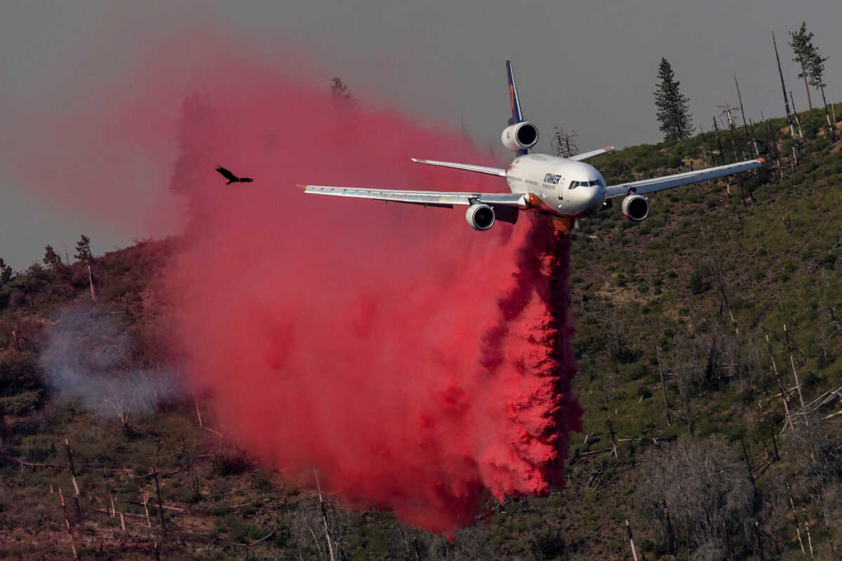 A bird flies as a firefighting aircraft drops flame retardant on a hillside to control the Oak Fire while burning near Darrah in Mariposa County, California, U.S., July 24, 2022. REUTERS