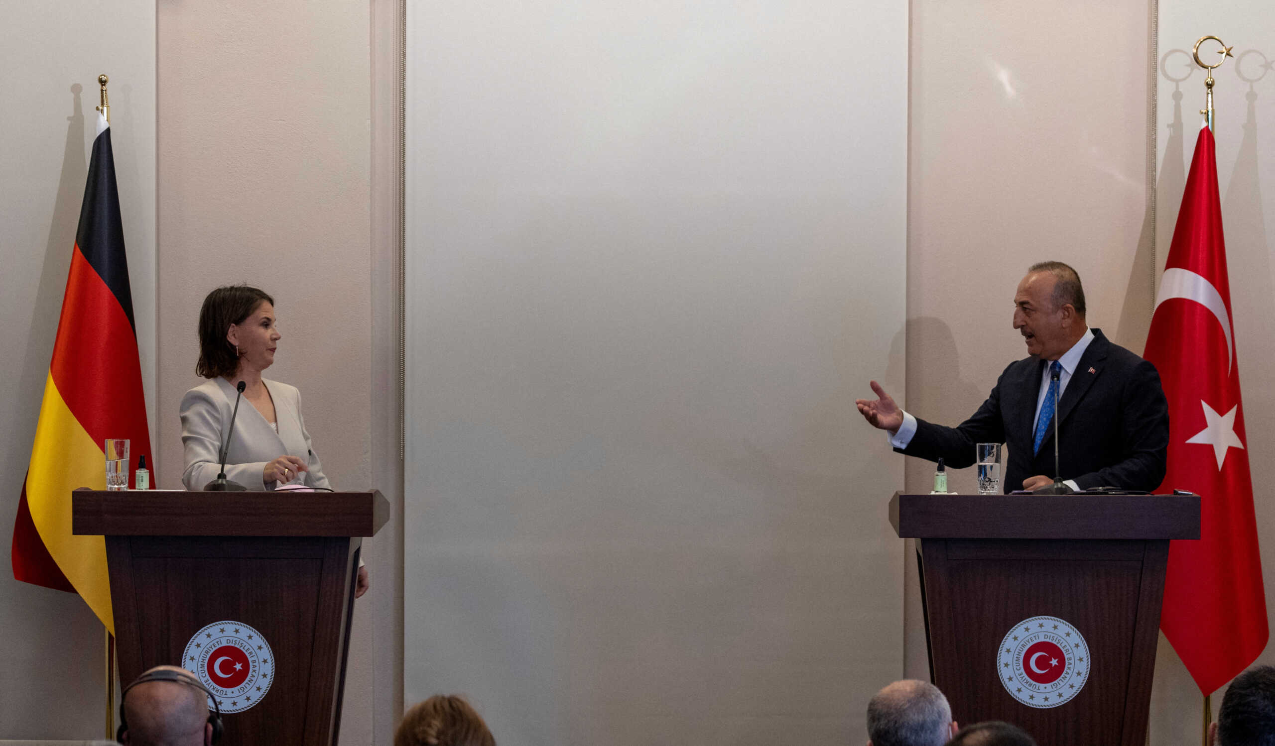 Turkish Foreign Minister Mevlut Cavusoglu and German Foreign Minister Annalena Baerbock attend a news conference in Istanbul, Turkey, July 29, 2022. REUTERS