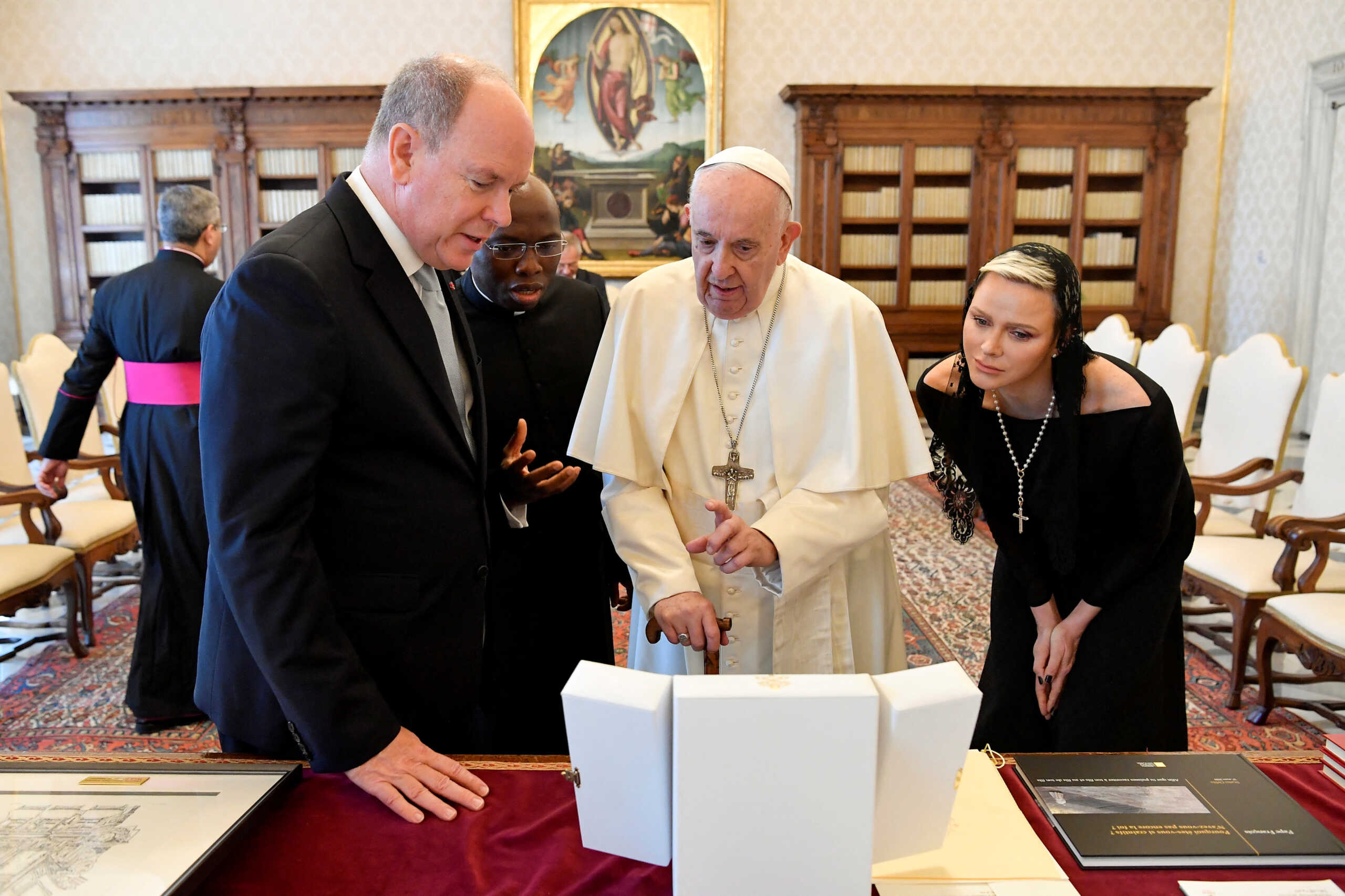 Pope Francis meets Monaco's Prince Albert and Princess Charlene at the Vatican, July 20, 2022. Vatican Media