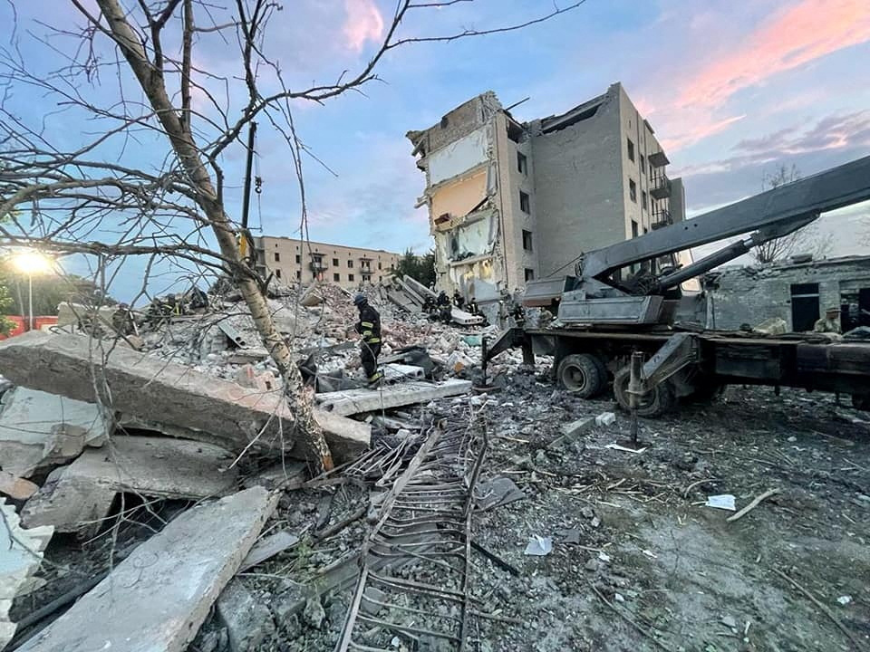 Rescue operation is underway after a missile strike, amid Russia's invasion of Ukraine, at a location given as Chasiv Yar, Ukraine, in this handout image released July 10, 2022. Donetsk region governor Pavlo Kyrylenko