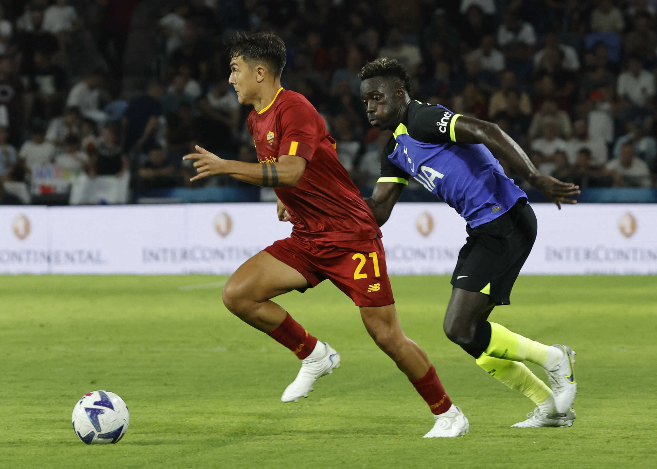 Soccer Football - Pre Season Friendly - Tottenham Hotspur v AS Roma - Sammy Ofer Stadium, Haifa, Israel - July 30, 2022 AS Roma's Paulo Dybala in action with Tottenham Hotspur's Davinson Sanchez REUTERS