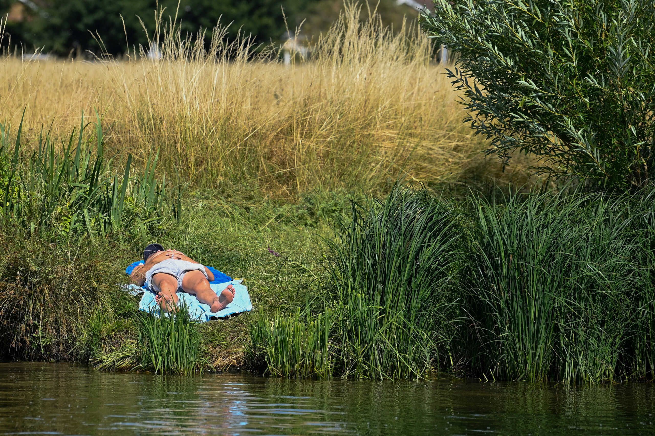 A person sunbathes next to the River Thames during the hot weather, near Windsor, Britain, July 18, 2022. REUTERS