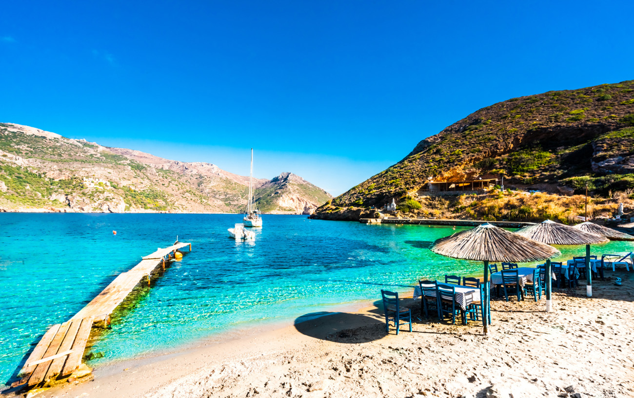 View on umbrella at the beach of Porto Kagio, Peloponnese Greece