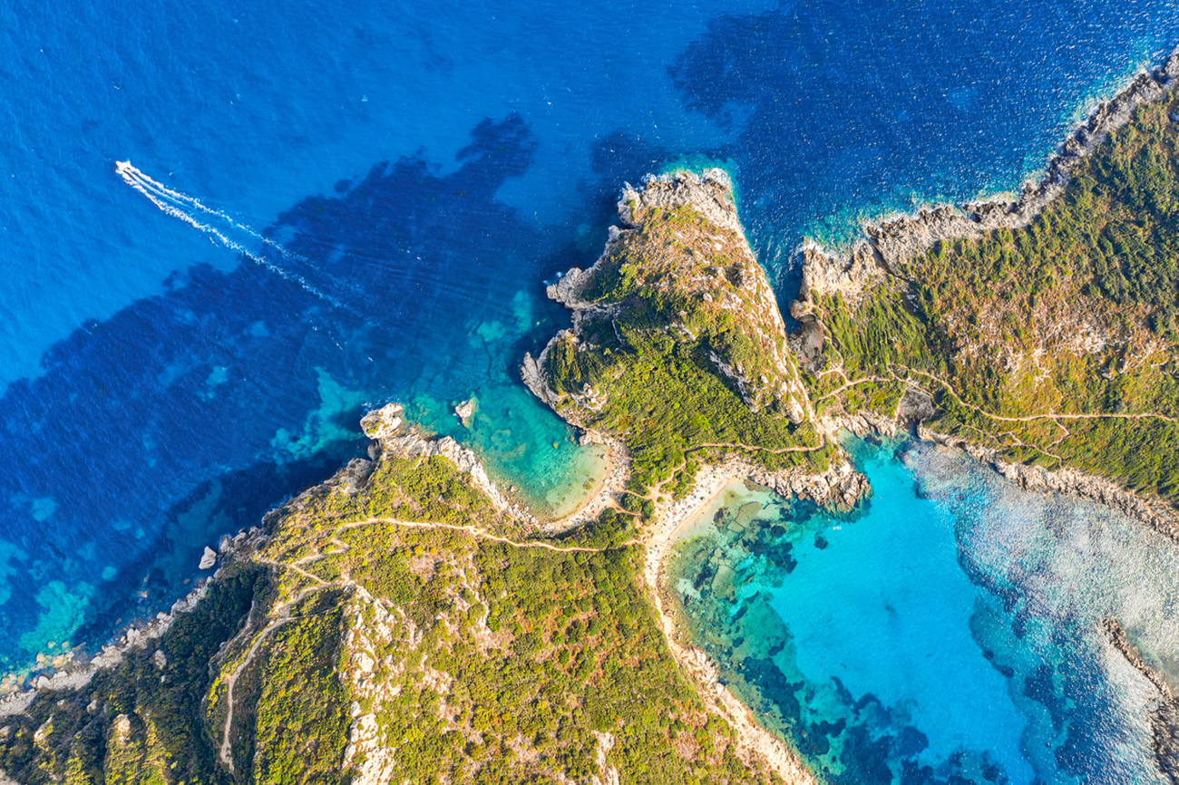 Corfu Island iconic image. Aerial drone view of Porto Timoni beach in Corfu. Ionian sea, Greece