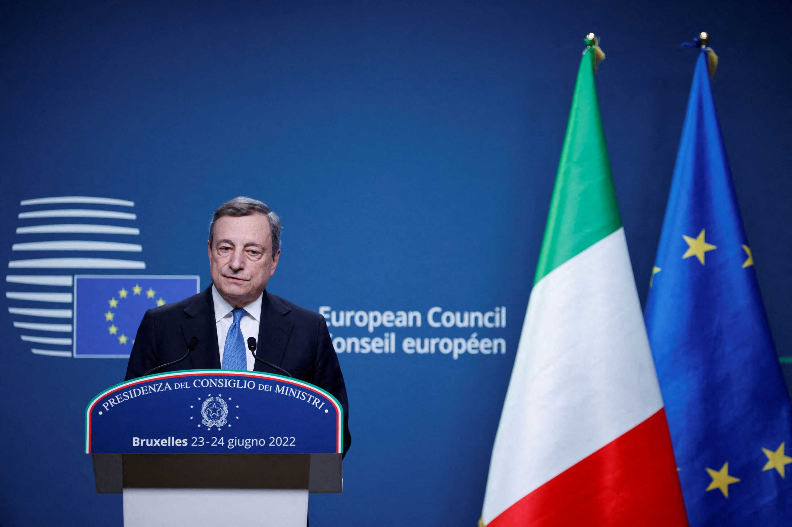 FILE PHOTO: Italian Prime Minister Mario Draghi attends a news conference during a European Union leaders summit in Brussels, Belgium June 24, 2022. REUTERS