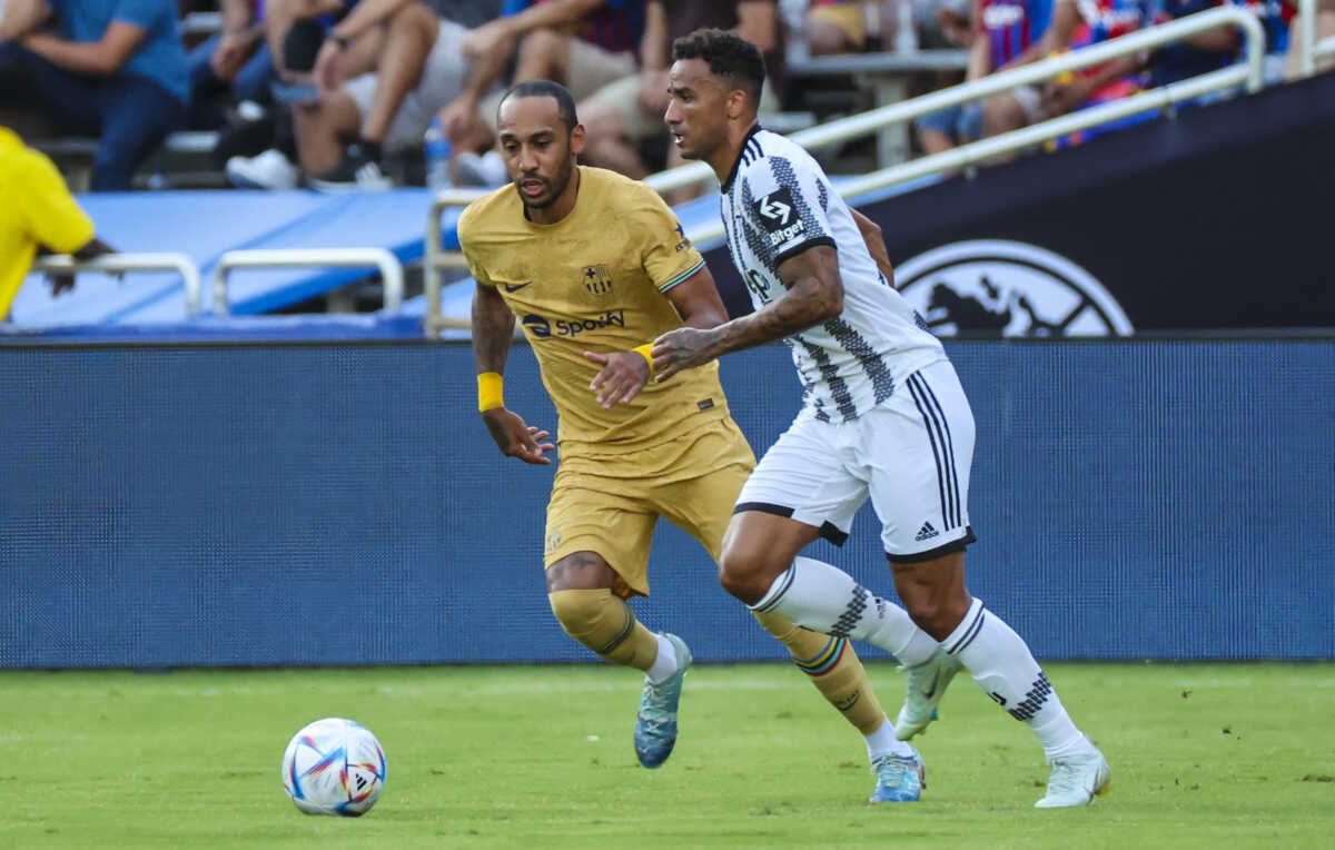 Jul 26, 2022; Dallas, Texas, USA;  Juventus defender Danilo (6) controls the ball as FC Barcelona forward Pierre-Emerick Aubameyang (17) defends during the first half at the Cotton Bowl. Mandatory Credit: Kevin Jairaj-USA TODAY Sports