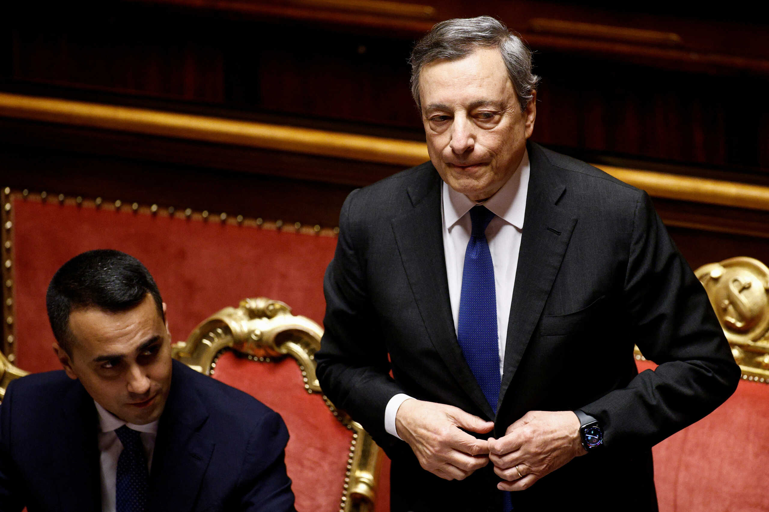 Italian Prime Minister Mario Draghi reacts during his address to the Senate ahead of a confidence vote for the government after he tendered his resignation last week in the wake of a mutiny by a coalition partner, in Rome, Italy July 20, 2022. REUTERS