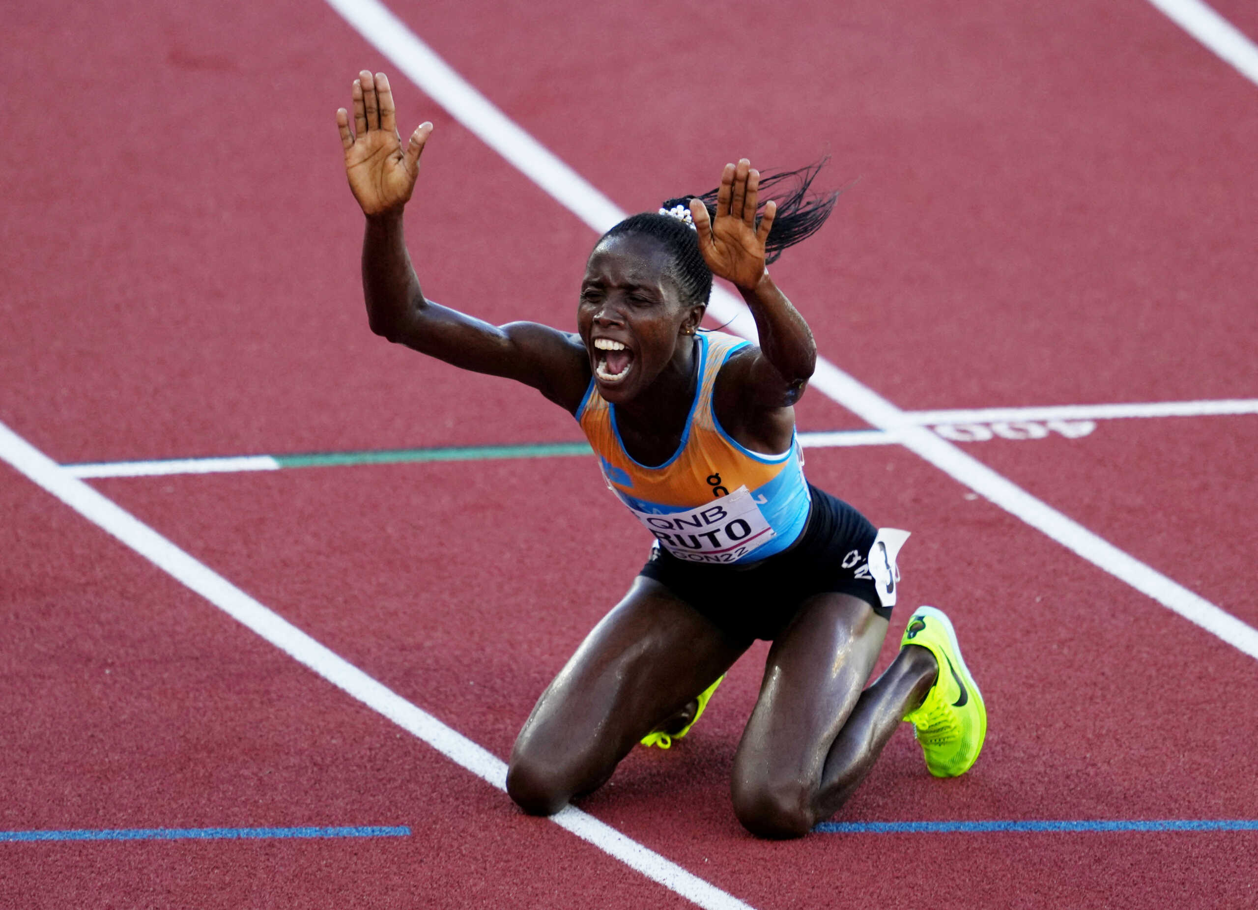 Athletics - World Athletics Championships - Women's 3000 Metres Steeplechase - Final - Hayward Field, Eugene, Oregon, U.S. - July 20, 2022 Kazakhstan's Norah Jeruto celebrates after winning the women's 3000 metres steeplechase final REUTERS