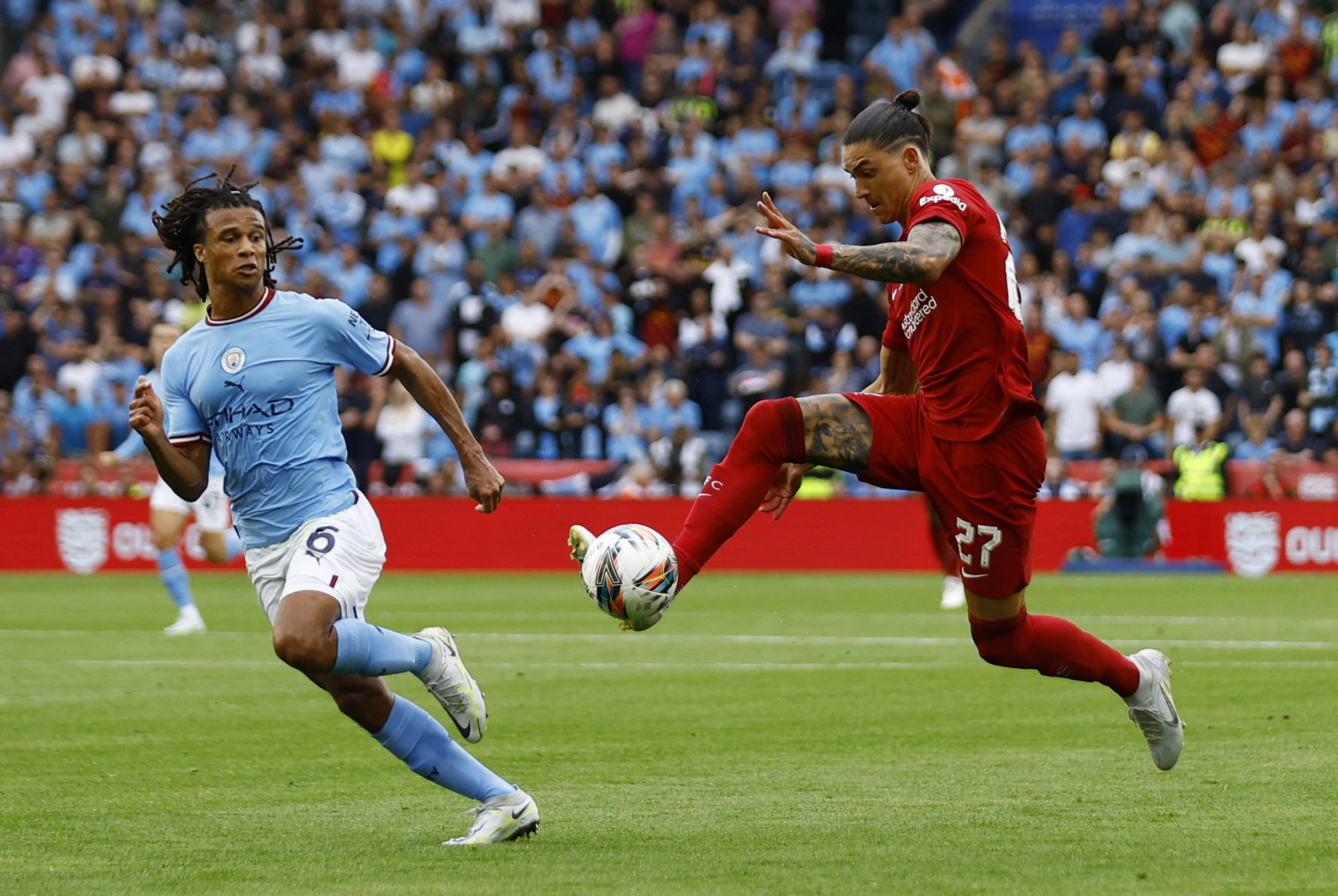 Soccer Football - Community Shield - Liverpool v Manchester City - King Power Stadium, Leicester, Britain - July 30, 2022 Manchester City's Nathan Ake in action with Liverpool's Darwin Nunez Action Images via Reuters