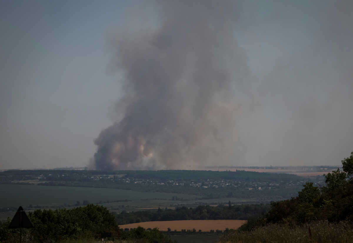 Smoke rises in the sky after shelling, amid Russia's attack, in Donetsk region, Ukraine July 7, 2022. REUTERS