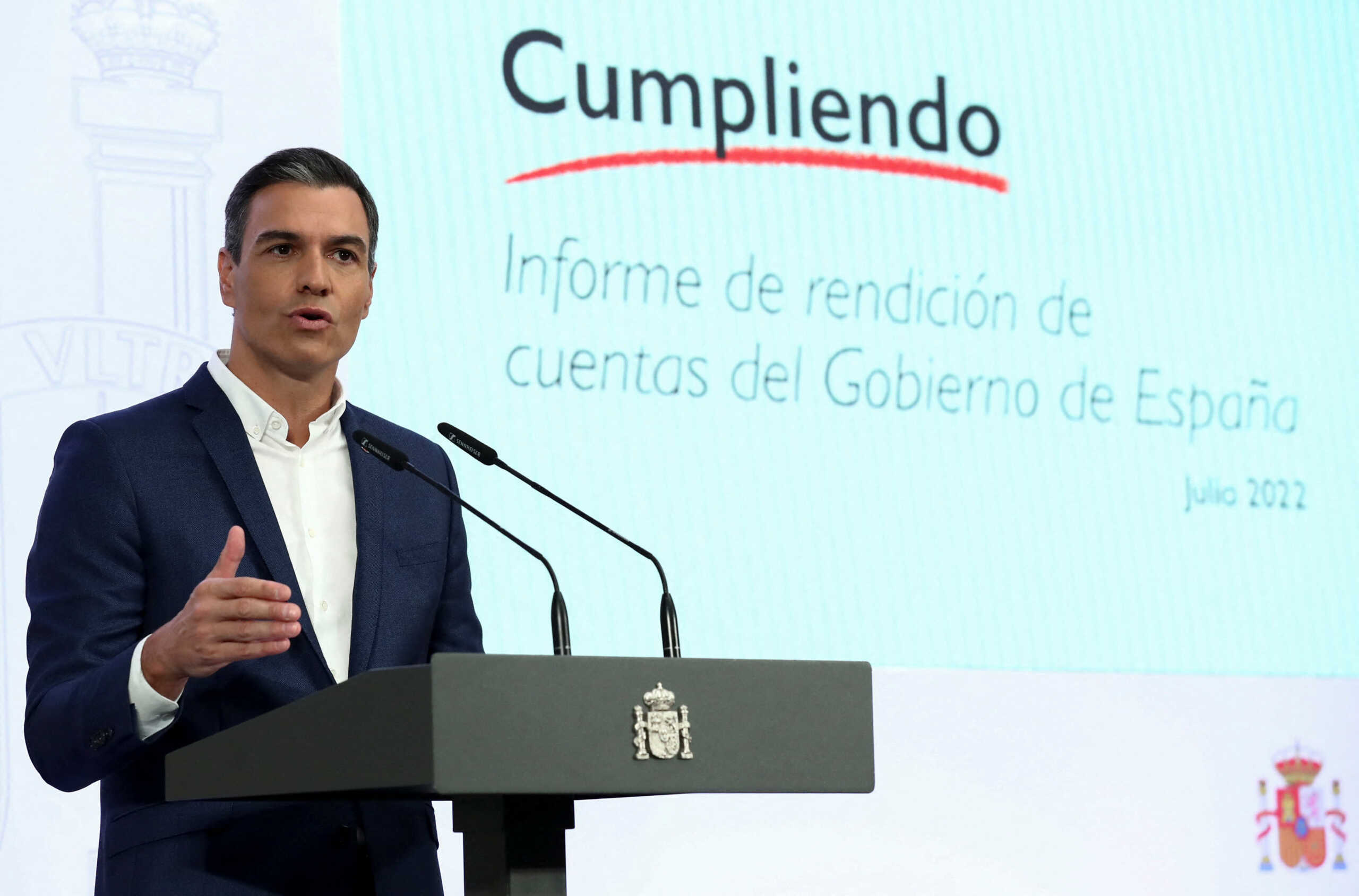 Spain's Prime Minister Pedro Sanchez attends a news conference at Moncloa Palace in Madrid, Spain, July 29, 2022. Moncloa Palace