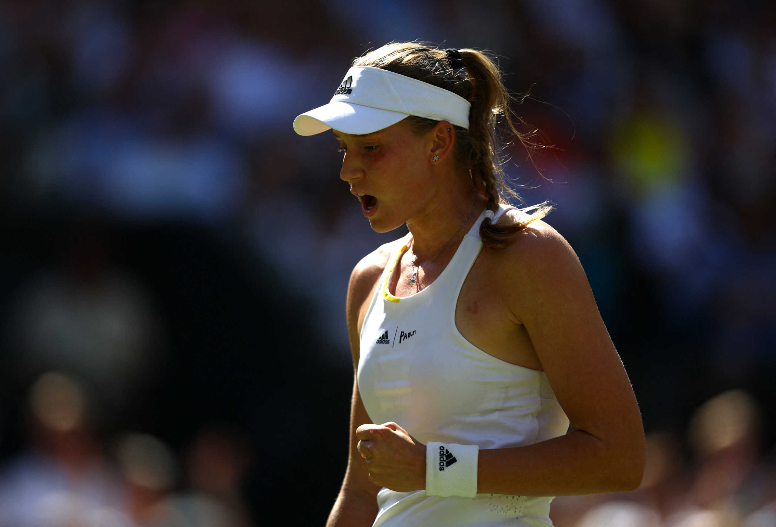 Tennis - Wimbledon - All England Lawn Tennis and Croquet Club, London, Britain - July 9, 2022  Kazakhstan's Elena Rybakina reacts during the women's singles final against Tunisia's Ons Jabeur REUTERS