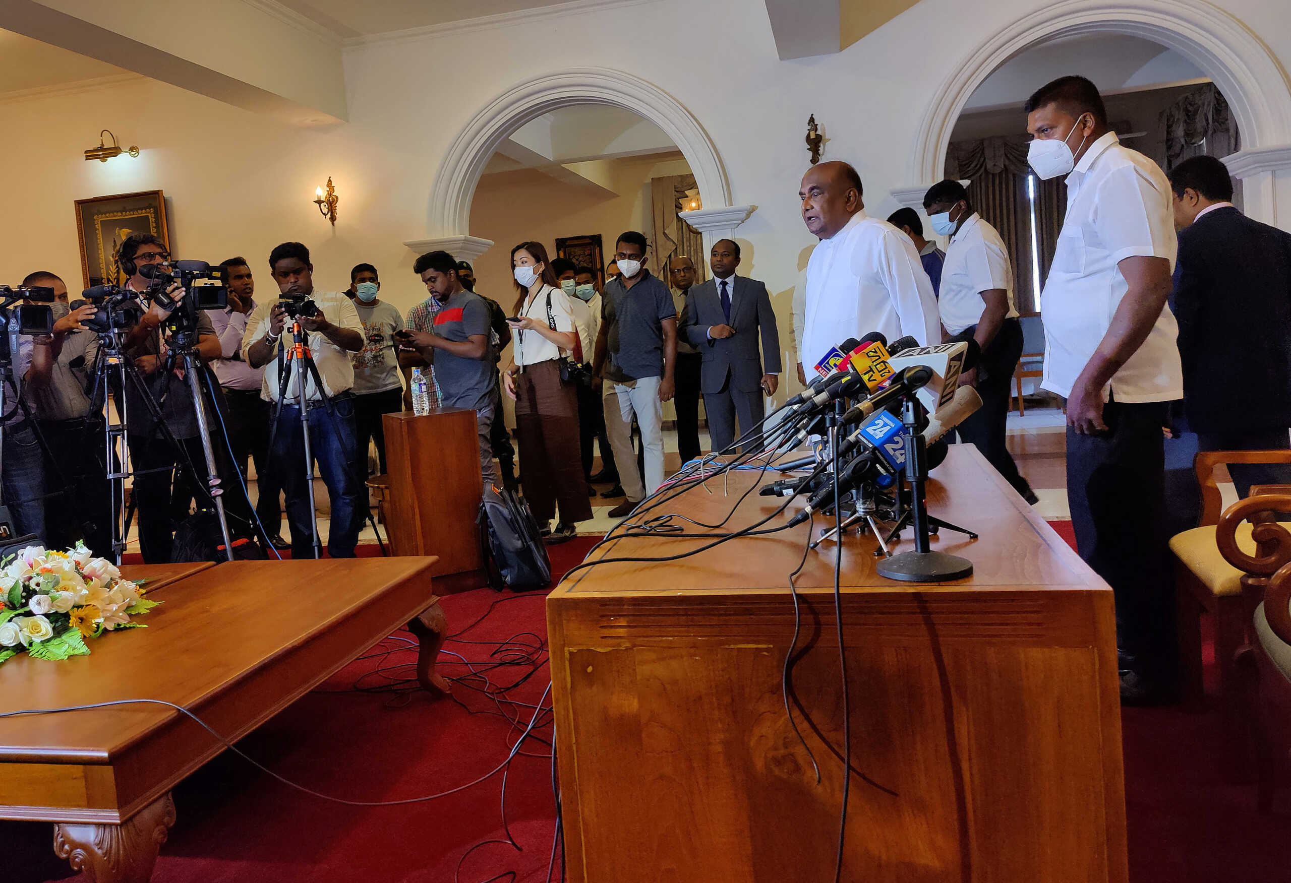 Sri Lanka's Parliament speaker Mahinda Yapa Abeywardena leaves after a news conference, amid the country's economic crisis, in Colombo, Sri Lanka July 15, 2022. REUTERS