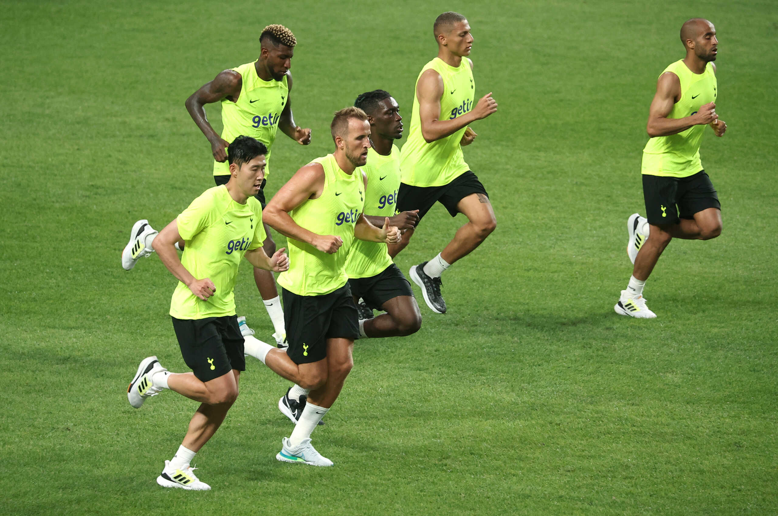Soccer Football - Pre-Season Friendly - Tottenham Hotspur Training - Seoul World Cup Stadium, Seoul, South Korea - July 11, 2022  Tottenham Hotspur's Harry Kane, Son Heung-min, Yves Bissouma, Emerson Royal, Richarlison and Lucas Moura during training REUTERS