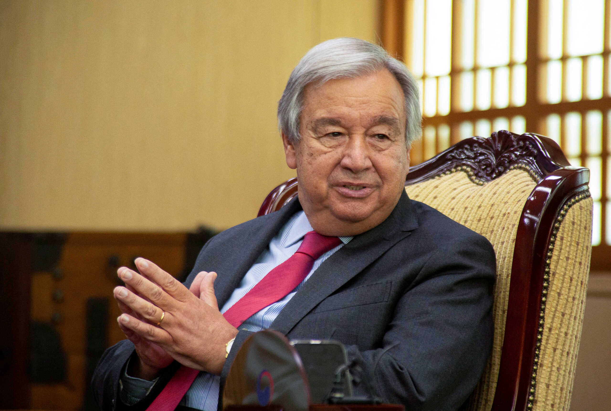 UN Secretary-General Antonio Guterres speaks with South Korean Foreign Minister Park Jin (not pictured) at the Foreign Ministry, in Seoul, South Korea, August 12, 2022. Jeon Heon-Kyun